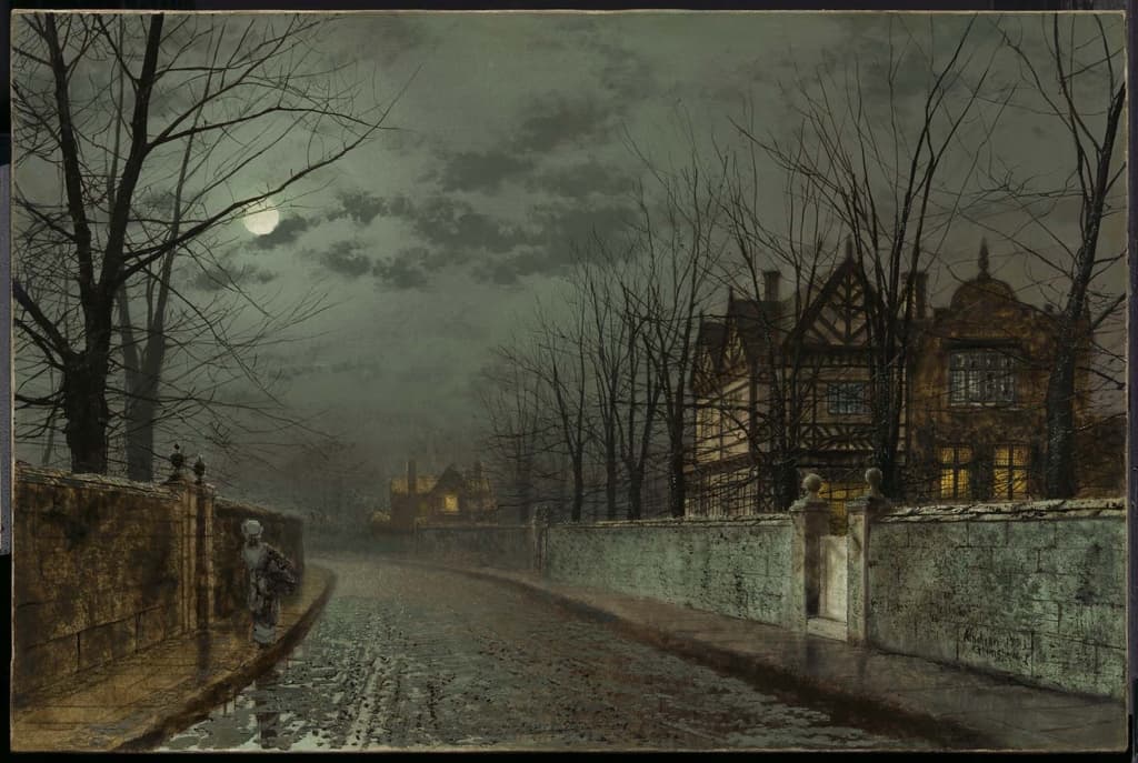 John Atkinson Grimshaw, „Stary angielski dom w świetle księżyca” — okazały gmach o zmierzchu, w jego oknach tli się ciepłe światło, reszta fasady tonie w granatowym mroku.