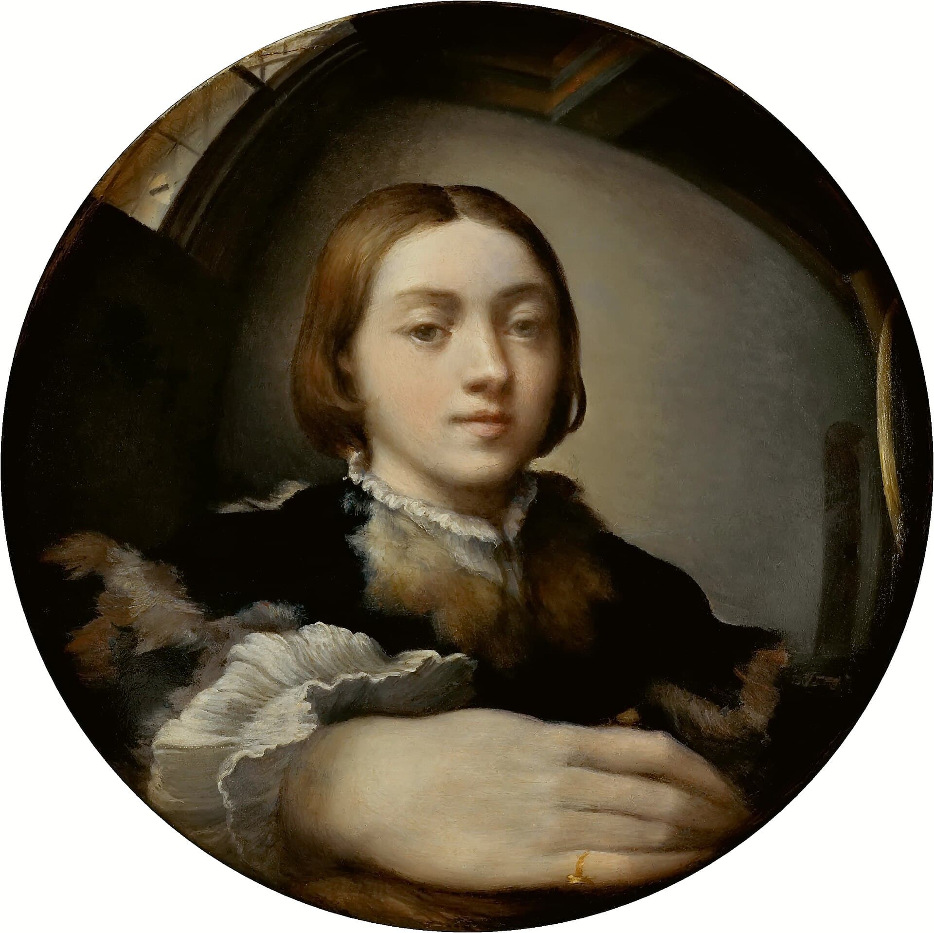 Parmigianino, Autoportret w wypukłym lustrze, ok. 1524, Kunsthistorisches Museum w Wiedniu - obraz namalowany na okrągłej wypukłej desce: młody mężczyzna w ciemnym kaftanie z futrzanym kołnierzem patrzy prosto przed siebie, a jego dłoń leży u dolnej krawędzi tak blisko powierzchni, że zajmuje niemal tyle miejsca co cała głowa; belkowanie sufitu i rama okna po lewej biegną krzywiznami zamiast prostych linii