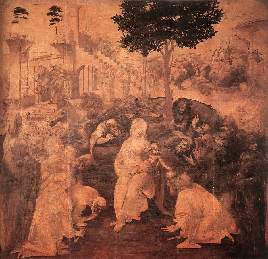 Leonardo da Vinci, Pokłon Trzech Króli 1481-82, Uffizi - duże malowidło utrzymane w jednej brunatnej tonacji, bez warstwy barwnej; pośrodku siedząca kobieta z dzieckiem na kolanach, wokół niej kłębiące się półkole pochylonych ludzi o zdumionych twarzach, w tle zarys ruin i walczące konie, a część postaci zatrzymana na etapie samego konturu