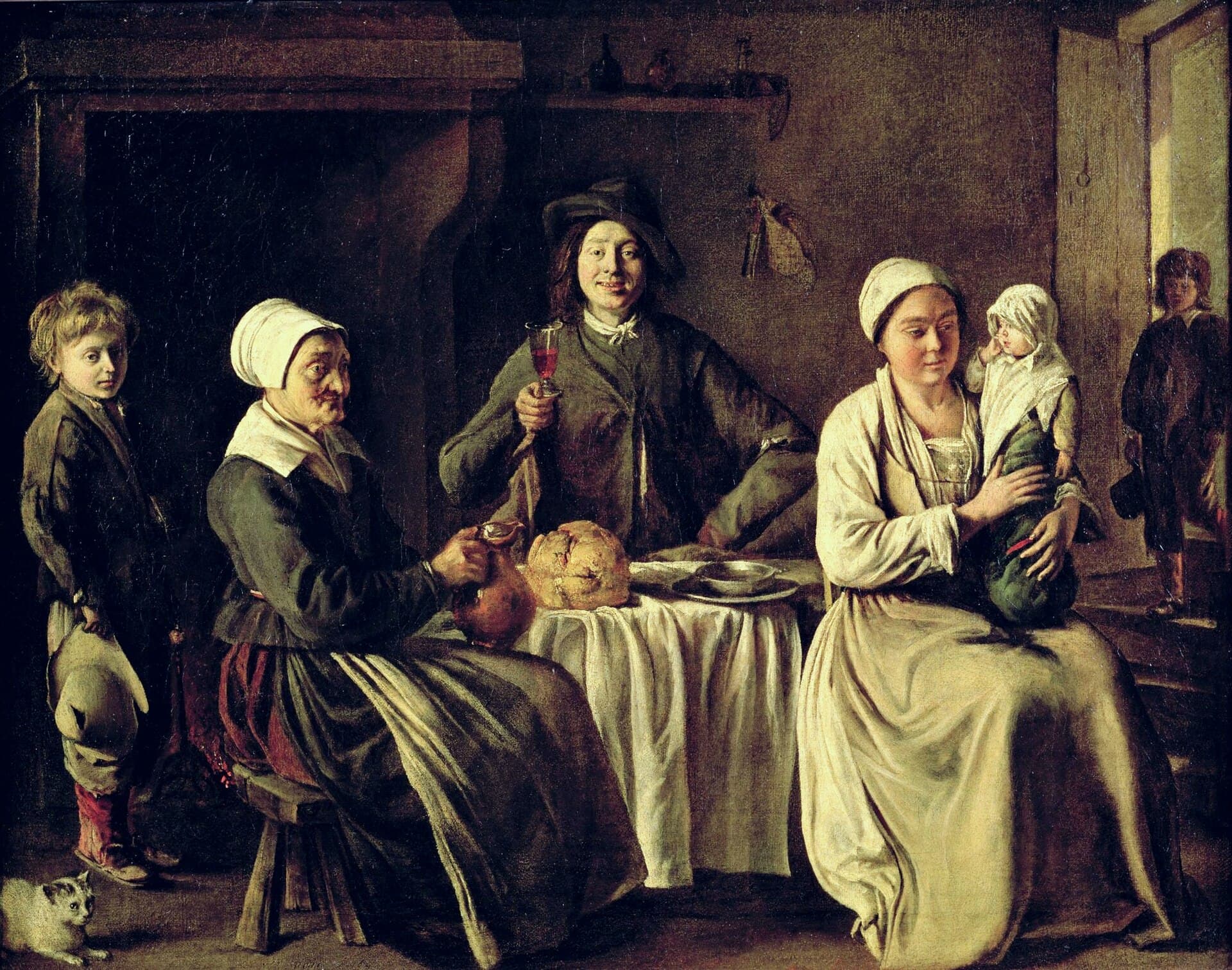 Louis Le Nain, Szczęśliwa rodzina (1642) — skromne wnętrze, chłopska rodzina przy stole z chlebem i winem, jedno światło z okna, bez przepychu