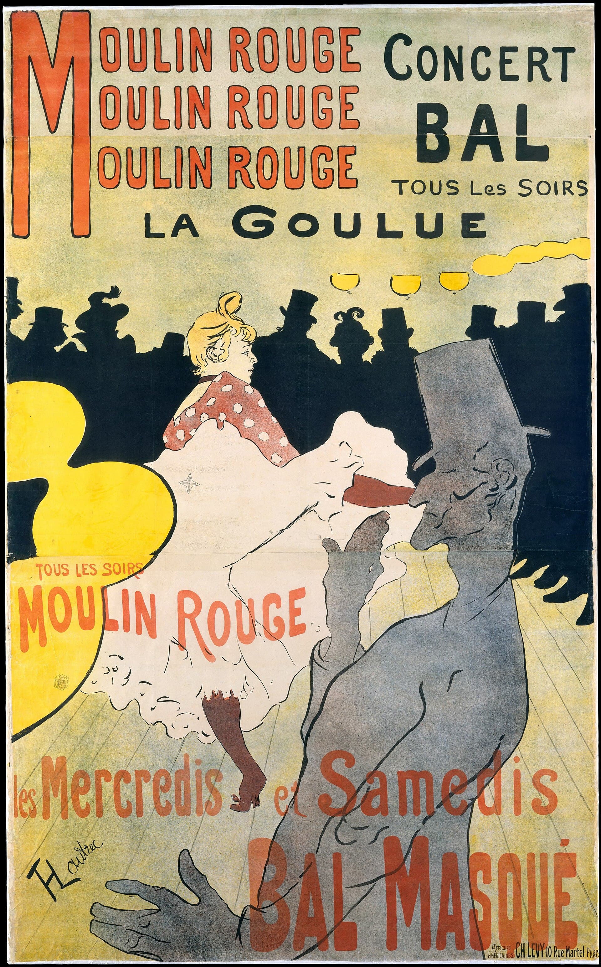 Henri de Toulouse-Lautrec, 1891, litografia barwna — afisz złożony z kilku jednolitych, nienakładających się pól barwnych, bez cieniowania i bez głębi. Górną trzecią wypełnia wielkie liternictwo, czerwone i czarne. Niżej, pośrodku, tancerka ujęta z profilu, z żółtym kokiem i uniesioną nogą w białej falbaniastej halce, na tle rzędu czarnych sylwetek widzów w cylindrach i trzech żółtych kul lamp. Prawy bok kadru zasłania od dołu do góry przezroczysta szarozielona postać mężczyzny w wysokim kapeluszu, narysowana samym konturem.