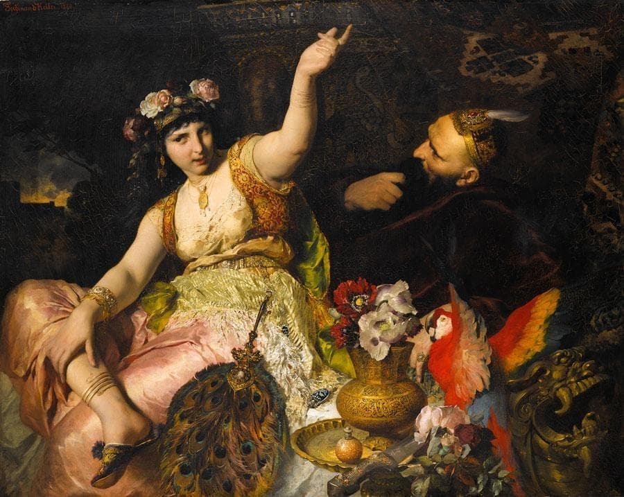 Ferdinand Keller, Szeherezada i sułtan Szachrijar, 1880 — w ciemnej komnacie młoda kobieta w kremowej sukni, z różami we włosach i bransoletami na przegubach, półleży po lewej stronie na różowych poduszkach, rękę ma uniesioną wysoko nad głowę i wyprostowany palec, twarz odwróconą w bok. Po prawej brodaty mężczyzna w wysadzanej klejnotami czapce z piórem wspiera się na łokciu i wyciąga ku niej dłoń, a na pierwszym planie leżą wachlarz z pawich piór, złota misa, dzban z kwiatami i przysiadła czerwono-niebieska papuga.