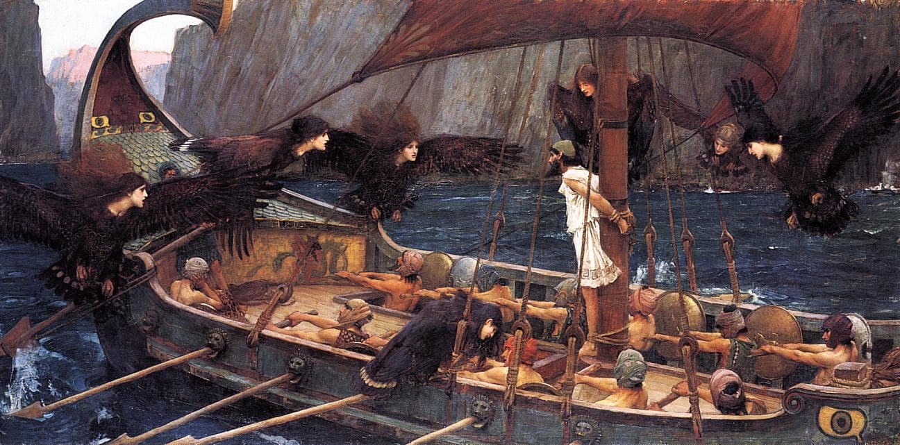 John William Waterhouse, Ulisses i syreny, 1891, olej na płótnie - na pokładzie starożytnego okrętu rzędy półnagich wioślarzy w czapkach i hełmach napierają na wiosła, a pośrodku, przywiązany sznurem do masztu, stoi w krótkiej białej tunice Ulisses z odchyloną do tyłu głową. Nad pokładem i wokół burt krąży kilka istot o kobiecych twarzach i ciemnych ptasich ciałach, dwie zawisły tuż przy jego głowie, jedna przysiadła między wioślarzami.