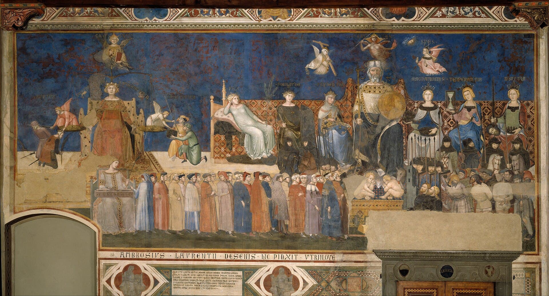 Ambrogio Lorenzetti, Alegoria dobrych rządów 1338-39, fresk w Palazzo Pubblico w Sienie - szeroki poziomy pas malowidła na granatowym tle: po lewej ukoronowana kobieta trzyma wielką wagę, obok druga siedzi na niskiej ławie, po prawej ogromny brodaty starzec zasiada na tronie, a po jego bokach sześć ukoronowanych kobiet z mieczem, klepsydrą i misą. Dołem sunie długi korowód mężczyzn w barwnych szatach, u stóp tronu leży wilczyca z dwojgiem niemowląt, przy prawej krawędzi stoją zbrojni i jeńcy ze związanymi rękami, a górą płyną małe skrzydlate postacie.