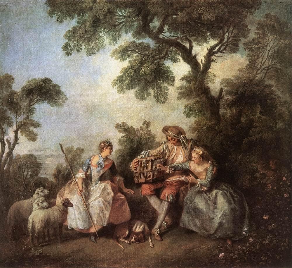 Nicolas Lancret, Ptasia klatka, XVIII w. - fête galante, elegancko ubrane pary flirtują w parku, w centrum ptasia klatka jako miłosna alegoria
