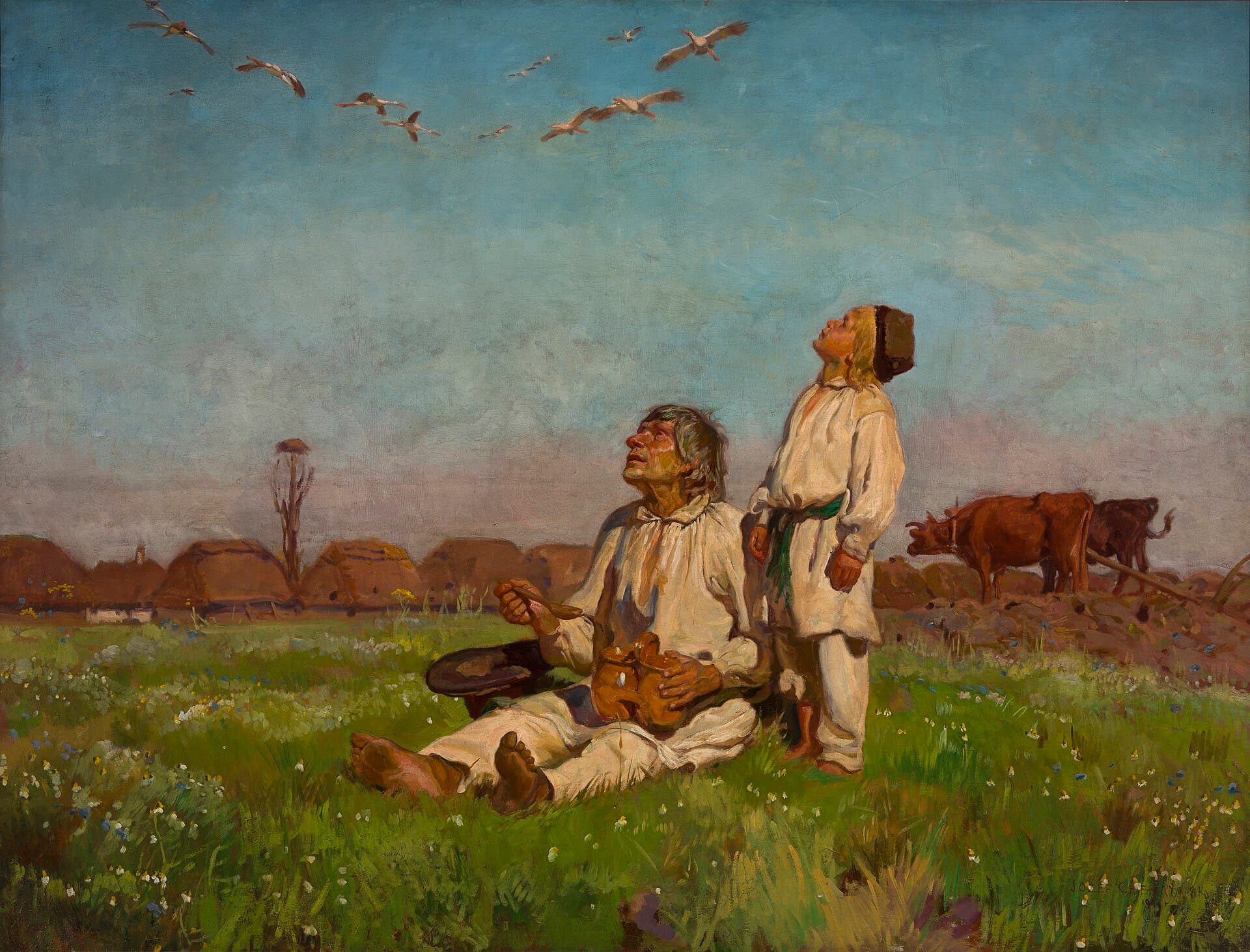 Józef Chełmoński, Bociany (1900) - oracz z synem w polu patrzą w niebo na lecące bociany, w tle wieś