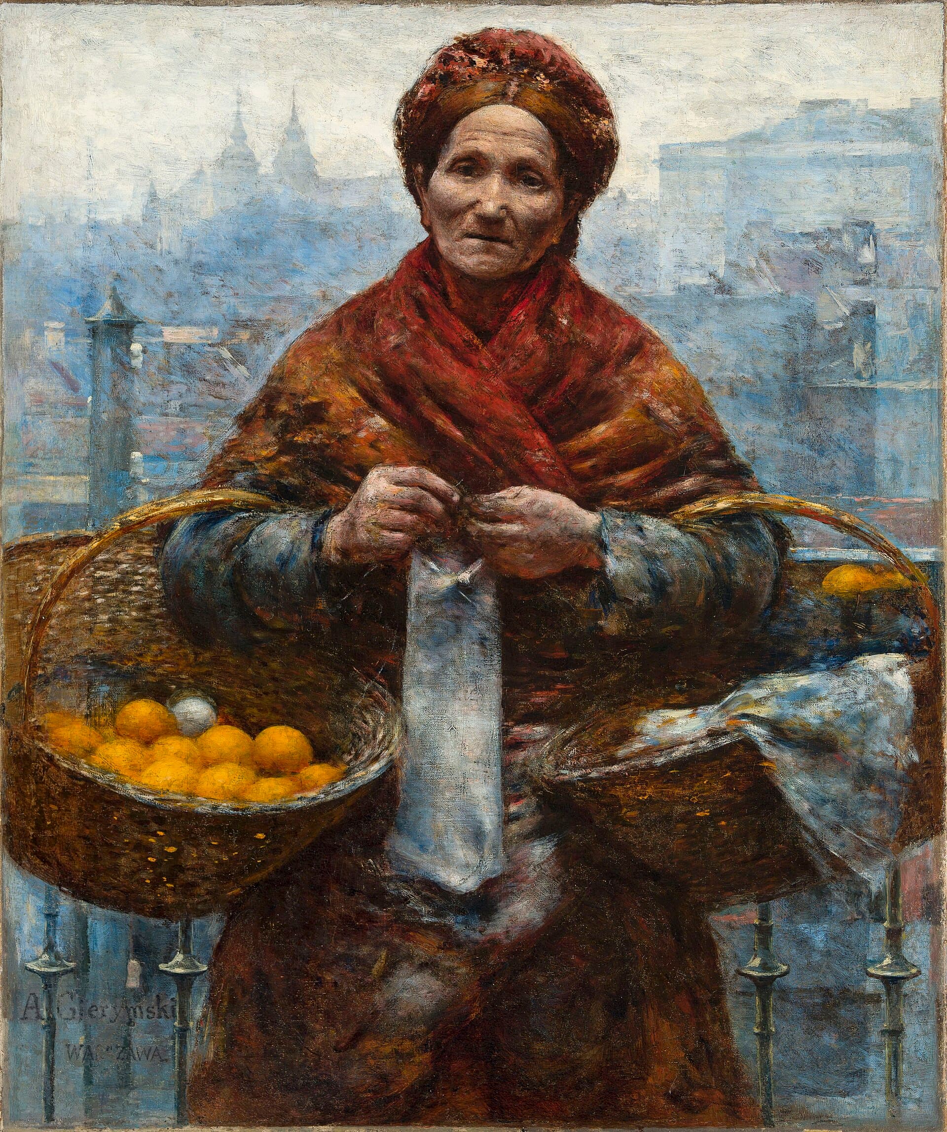 Aleksander Gierymski, Żydówka z pomarańczami (Pomarańczarka), 1881, Muzeum Narodowe w Warszawie - realistyczny portret ubogiej, starszej ulicznej przekupki: kobieta w czepcu i zarzuconej na ramiona chuście niesie na rękach dwa kosze pomarańczy; jej zmęczona, pomarszczona twarz wyraża smutek i znużenie, w tle majaczą dachy warszawskich kamienic, a ciepły pomarańczowy kolor owoców kontrastuje z szarością nędzy - spojrzenie bez upiększeń, ale z godnością