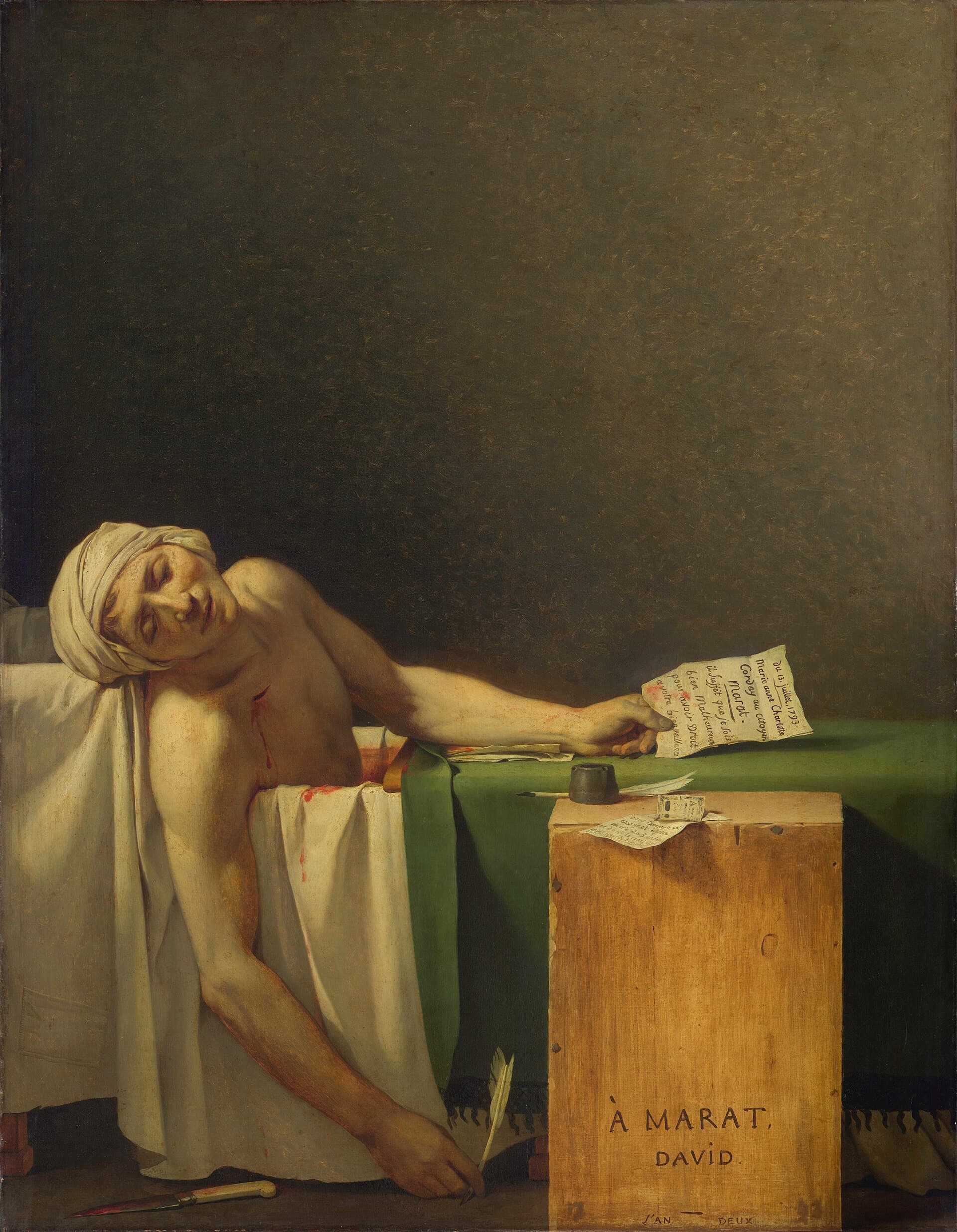 Jacques-Louis David, Śmierć Marata, 1793 — martwy, obnażony do pasa mężczyzna z głową owiniętą białym zawojem osunął się w wannie okrytej zielonym suknem, spod obojczyka spływa mu strużka krwi. Jedna ręka trzyma na krawędzi zapisaną kartkę, druga zwisa aż do podłogi z gęsim piórem w palcach, obok leży zakrwawiony nóż, a przy wannie stoi drewniana skrzynka z kałamarzem; górną część płótna wypełnia sama pusta, brunatna ciemność.