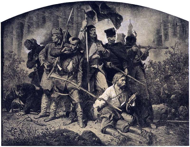 Artur Grottger, Bitwa - karton z cyklu Polonia, 1863, węgiel i biała kredka na papierze - dramatyczna, monochromatyczna scena walki powstania styczniowego: grupa powstańców w gwałtownym starciu, postacie w ruchu, napięte ciała i twarze, w tle dym i chaos bitwy; rysunek łączy realizm z romantycznym patosem zrywu skazanego na klęskę