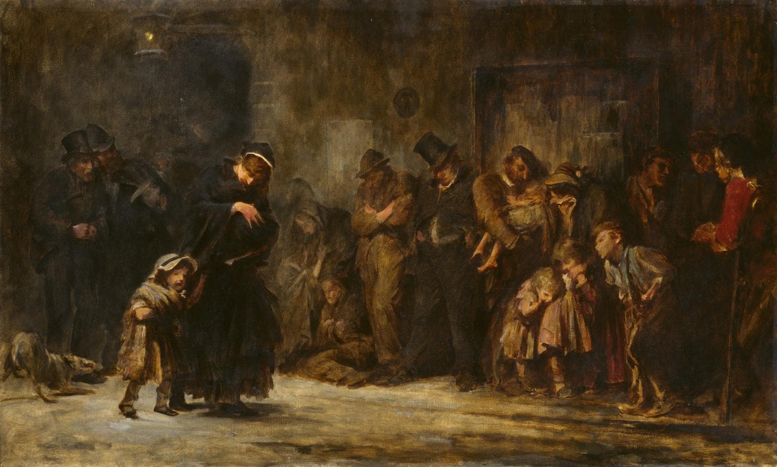 Sir Luke Fildes, Ubiegający się o przyjęcie do przytułku, 1874, olej — w brunatnym mroku, wzdłuż ciemnej ściany z zamkniętymi drzwiami, stoi ciasny szereg obdartych ludzi: mężczyźni w cylindrach i kapeluszach ze spuszczonymi głowami i rękami skrzyżowanymi na piersi, kobieta w futrzanym kołnierzu z bosym dzieckiem na ręku, przy prawej krawędzi gromadka wtulonych w siebie dzieci. Najjaśniejszym miejscem płótna jest pas bruku pod ich nogami