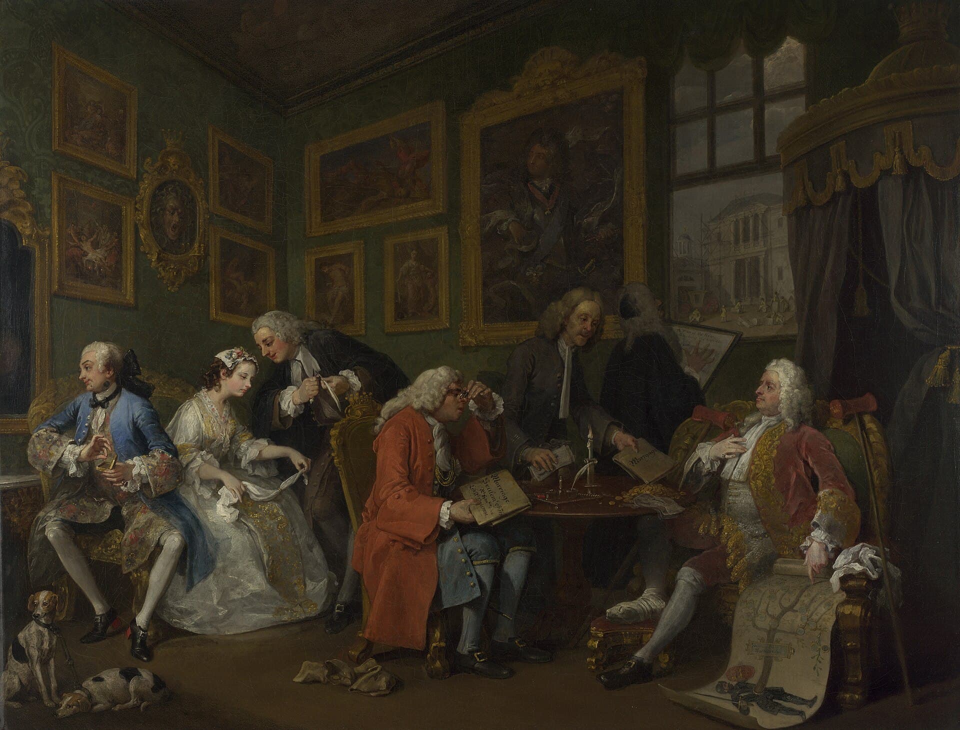 William Hogarth, Modne małżeństwo, scena pierwsza, około 1743, olej - bogato zdobiona sala z obrazami w złoconych ramach, po prawej starszy arystokrata w peruce siedzi z obandażowaną nogą wspartą na podnóżku i pokazuje rozwinięte drzewo genealogiczne, przy stole mieszczanin w okularach studiuje dokument, po lewej młody mężczyzna w błękitnym stroju odwrócony plecami przegląda się w lusterku, obok niego dziewczyna w białej sukni nawleka pierścionek na chusteczkę i słucha pochylonego nad nią prawnika, a przez okno w głębi widać niedokończoną budowlę