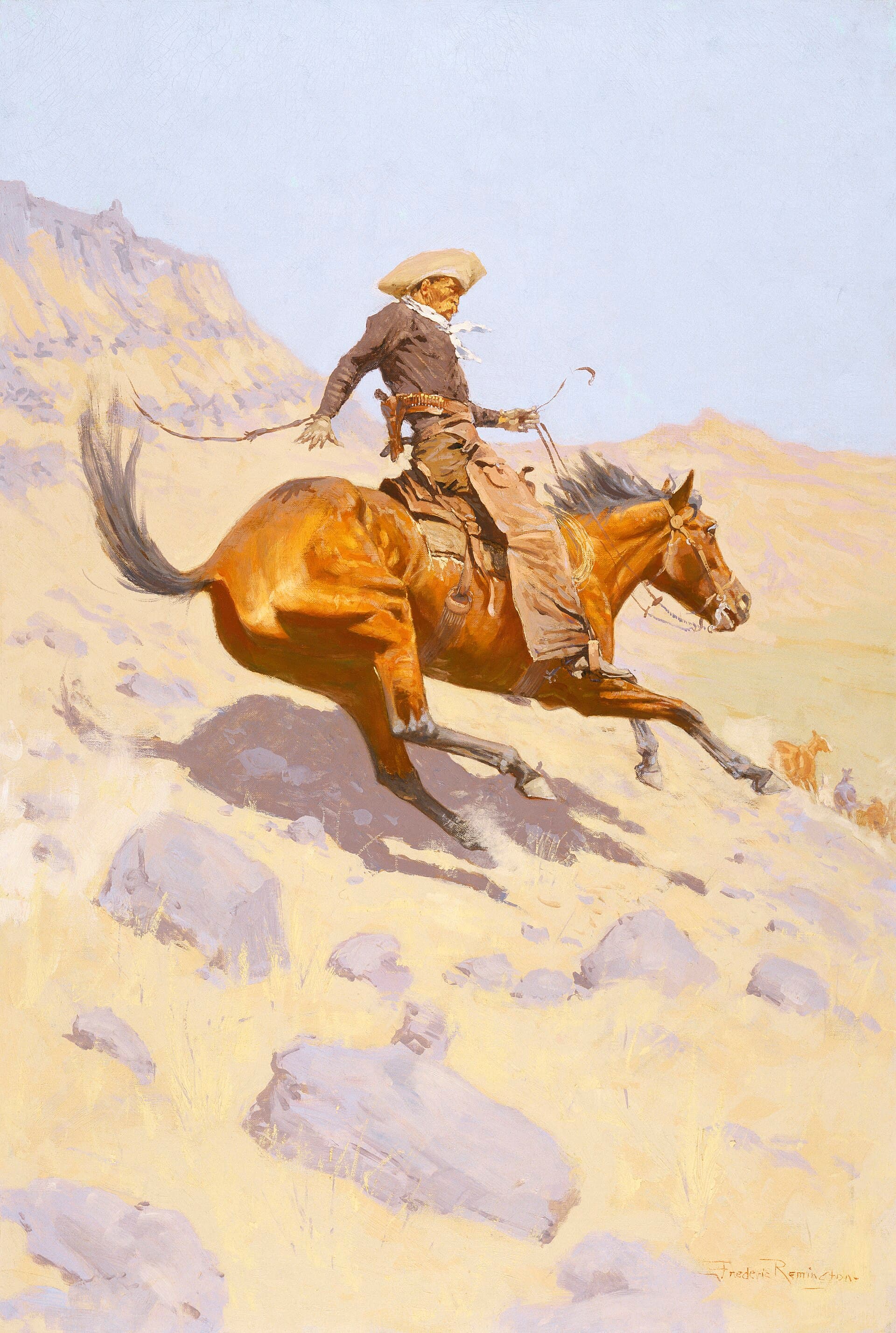 Frederic Remington, Kowboj, 1902, olej - jeździec w kapeluszu z szerokim rondem siedzi na koniu, który przednimi kopytami opiera się o kamienisty stok i pochyla łeb, człowiek ściąga wodze jedną ręką i patrzy w dół, wokół rosną kępy niskich krzewów, a nad odległym horyzontem stoi jasne, chmurne niebo