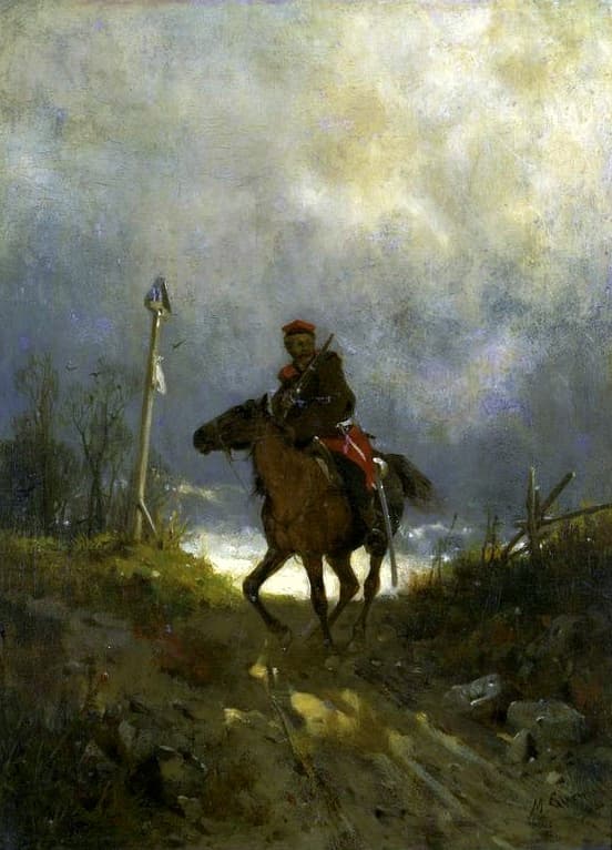 Maksymilian Gierymski, „Powstaniec z 1863 roku” — samotny powstaniec styczniowy w posępnym, zimowym pejzażu; wyprostowany, nieugięty, choć sprawa jest już przegrana.