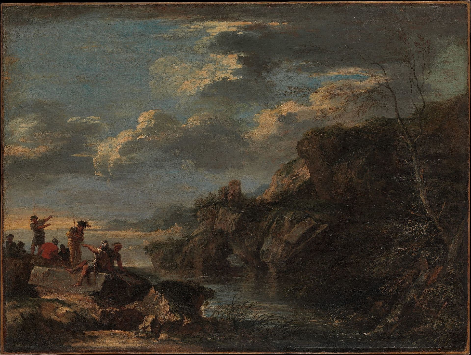 Salvator Rosa, Bandyci na skalistym wybrzeżu (ok. 1656), olej - ciemny górzysty pejzaż ze stromym urwiskiem i poszarpanymi skałami nad wodą, u dołu po lewej kilka drobnych postaci w kapeluszach, z bronią przy boku, powyżej piętrzą się pnie powyginanych drzew, a resztę płótna wypełniają spiętrzone chmury nad odległą zatoką