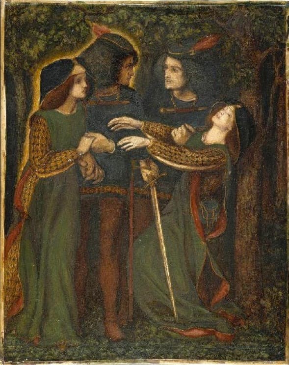 Dante Gabriel Rossetti, Jak spotkali samych siebie, ok. 1864 — w ciemnym lesie stają naprzeciw siebie dwie pary w średniowiecznych strojach, ubrane tak samo: kobiety w zielonych sukniach ze złocistymi rękawami i czerwoną podszewką, mężczyźni w ciemnych nakryciach głowy z czerwonym piórem. Parę po lewej obrysowuje złota poświata, a kobieta z pary po prawej odchyla się bezwładnie do tyłu, z zamkniętymi oczami i odrzuconą w tył głową