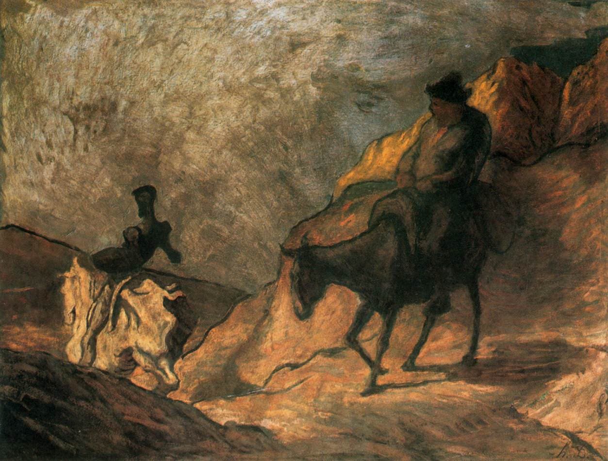 Honoré Daumier, Don Kichot i Sancho Pansa, ok. 1868, olej - szkicowo, szerokimi pociągnięciami pędzla namalowana para z powieści Cervantesa: wysoki, wychudzony Don Kichot na kościstej szkapie po jednej stronie i niski, pulchny Sancho Pansa na przysadzistym ośle po drugiej; sam kontrast sylwetek, postaw i wierzchowców buduje sens sceny