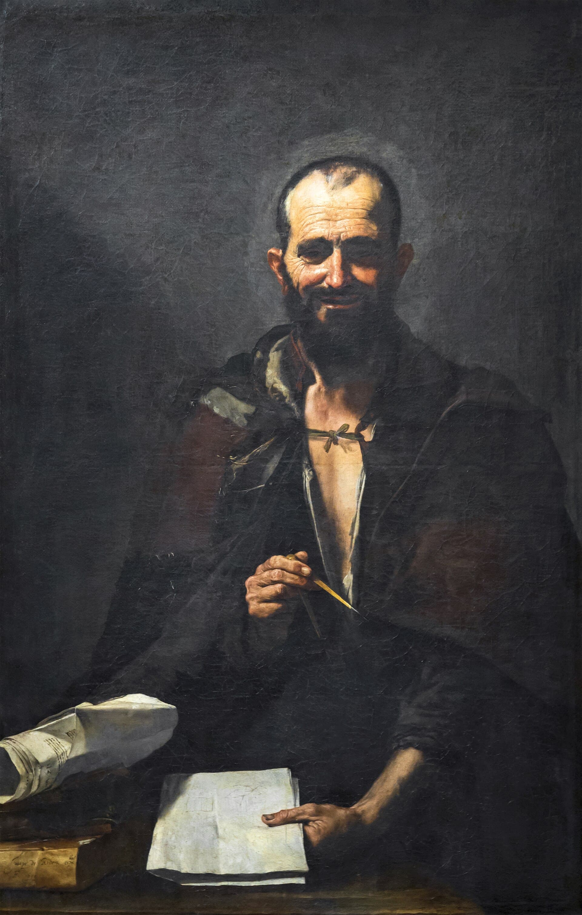Jusepe de Ribera, Demokryt, 1630, olej na płótnie - półpostać starego filozofa w łachmanach, trzymającego cyrkiel i kartki z figurami geometrycznymi, wyłaniająca się ze światłocienia na ciemnym tle; mocno modelowana bryła twarzy i dłoni, uśmiech mędrca - wrażenie głębi i wnętrza, jakiego nie ma płaski kontur