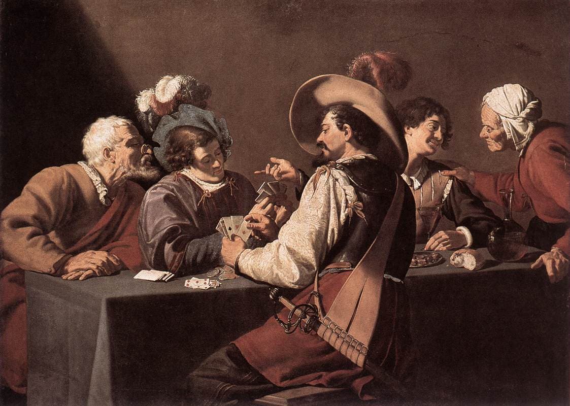 Theodoor Rombouts, Gracze w karty (lata 20. XVII w.) — stół w półmroku, twarze przy świecach, w grze ktoś może blefować albo trzymać kartę w rękawie