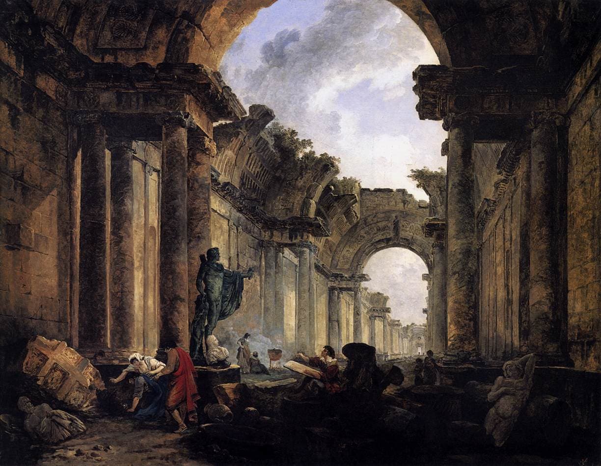 Hubert Robert, Wyobrażony widok Wielkiej Galerii Luwru w ruinie (1796) - sklepienia galerii zawalone, wśród gruzu rosną drzewa, ludzie grzebią w resztkach