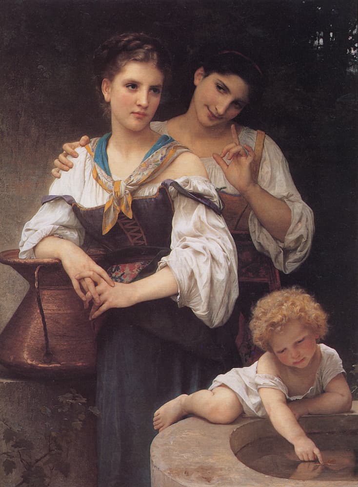 William-Adolphe Bouguereau, Sekret (1876) — jedna kobieta z palcem na ustach szepcze tajemnicę do ucha drugiej, która patrzy wprost na widza