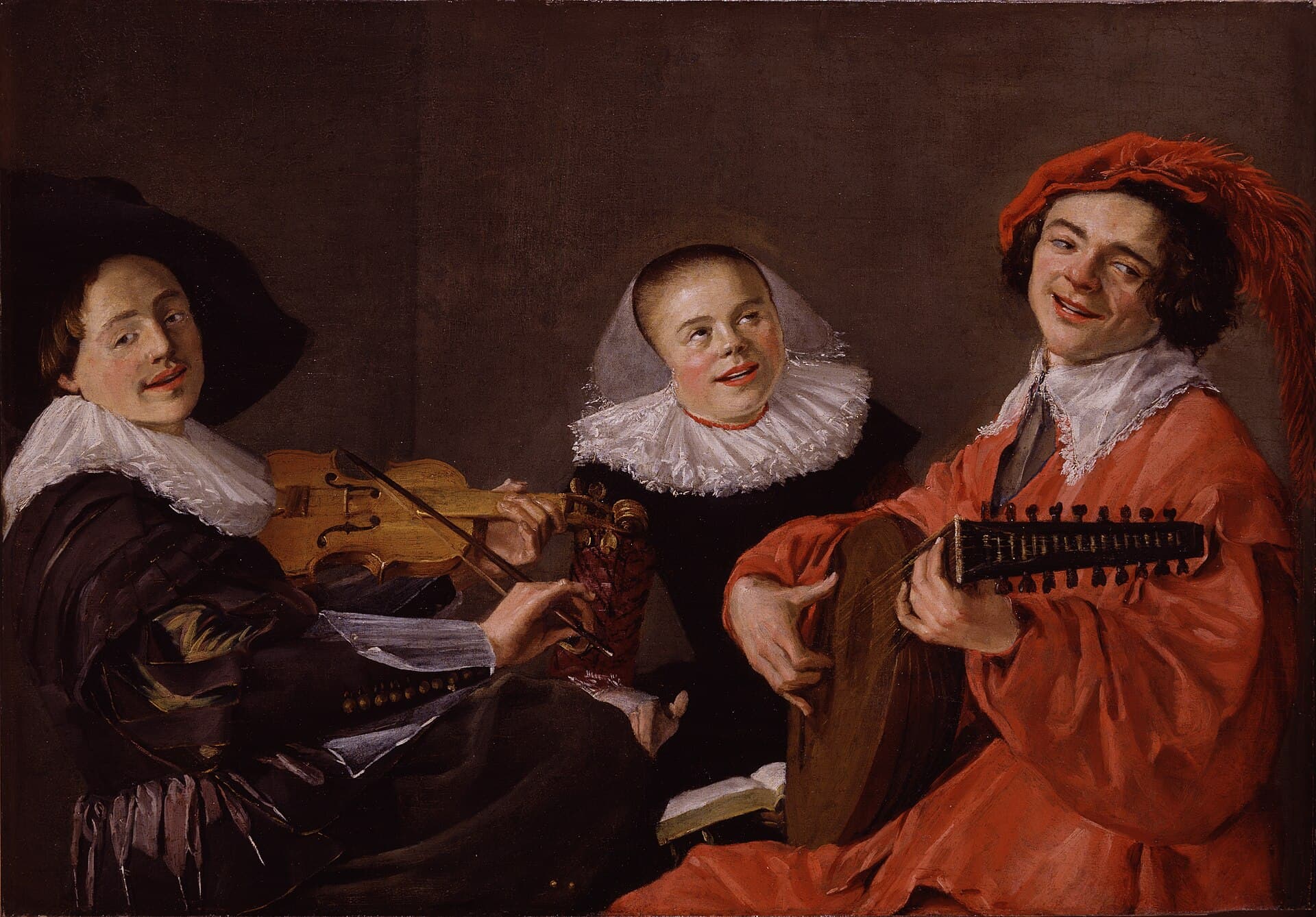 Judith Leyster, Koncert, ok. 1633 - troje muzyków (śpiewaczka z nutami, skrzypek i lutnista) gra wspólnie z jednej partytury