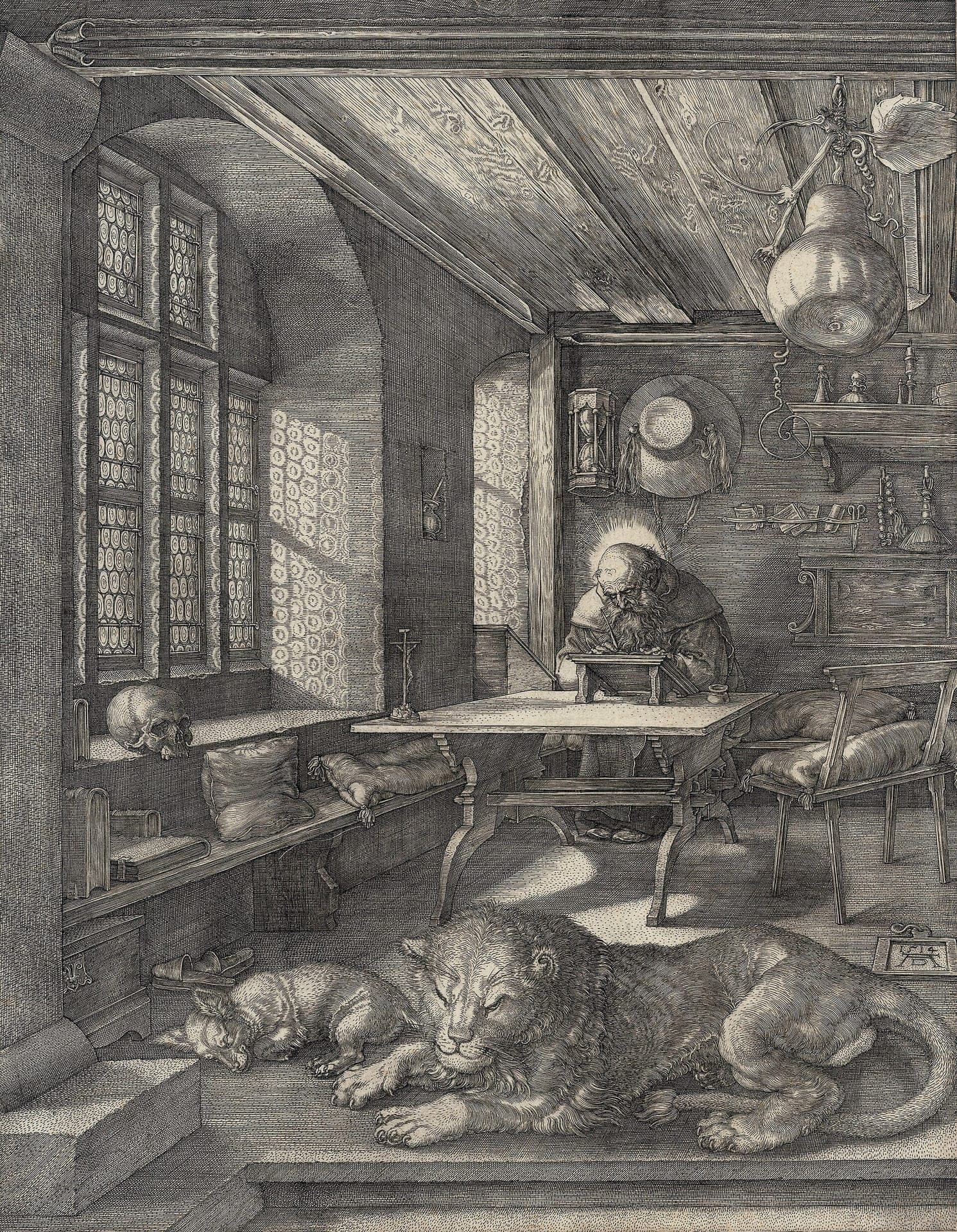 Albrecht Dürer, Św. Hieronim w pracowni, 1514, miedzioryt - mistrzowski rycina: starszy uczony, święty Hieronim, siedzi pochylony przy ukośnym pulpicie i pisze w skąpanym w świetle, drobiazgowo oddanym wnętrzu renesansowego gabinetu; na pierwszym planie drzemią lew i pies, na parapecie czaszka, a w całości panuje atmosfera ładu, skupienia i spokojnej, metodycznej pracy