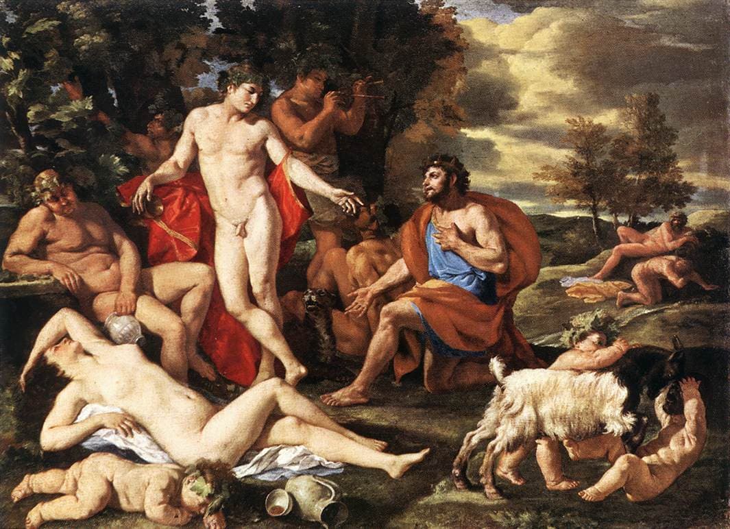 Nicolas Poussin, Midas i Bachus, ok. 1630, Alte Pinakothek - frygijski król Midas w niebieskiej szacie i żółtym płaszczu klęczy na jednym kolanie i z błagalnym gestem zwraca się do stojącego obok Bachusa, prosząc, by odebrał mu dar zamieniania wszystkiego w złoto; bóg trzyma w dłoni czarę, drugą rękę wyciąga ku cierpiącemu królowi, a w pobliżu spoczywa Sylen i odpoczywają inne postacie na tle pogodnego pejzażu