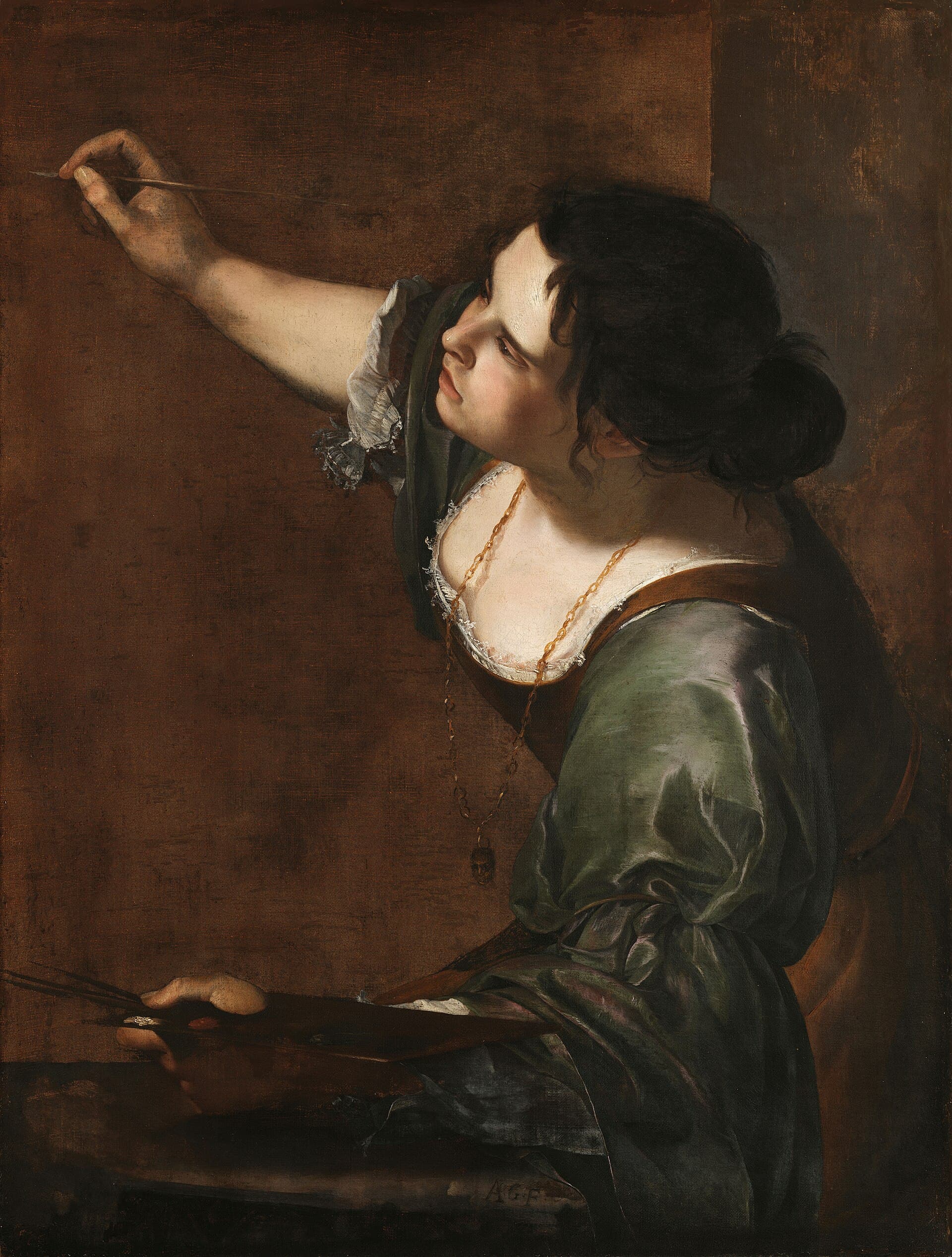 Artemisia Gentileschi, Autoportret jako alegoria Malarstwa (La Pittura) ok. 1638-39, Royal Collection — malarka ujęta z boku, w zielonej sukni, z uniesionym pędzlem w prawej dłoni i paletą w lewej, ciemne włosy upięte niedbale, na złotym łańcuchu mała zawieszka w kształcie maski, tło ciemne, płótna nie widać