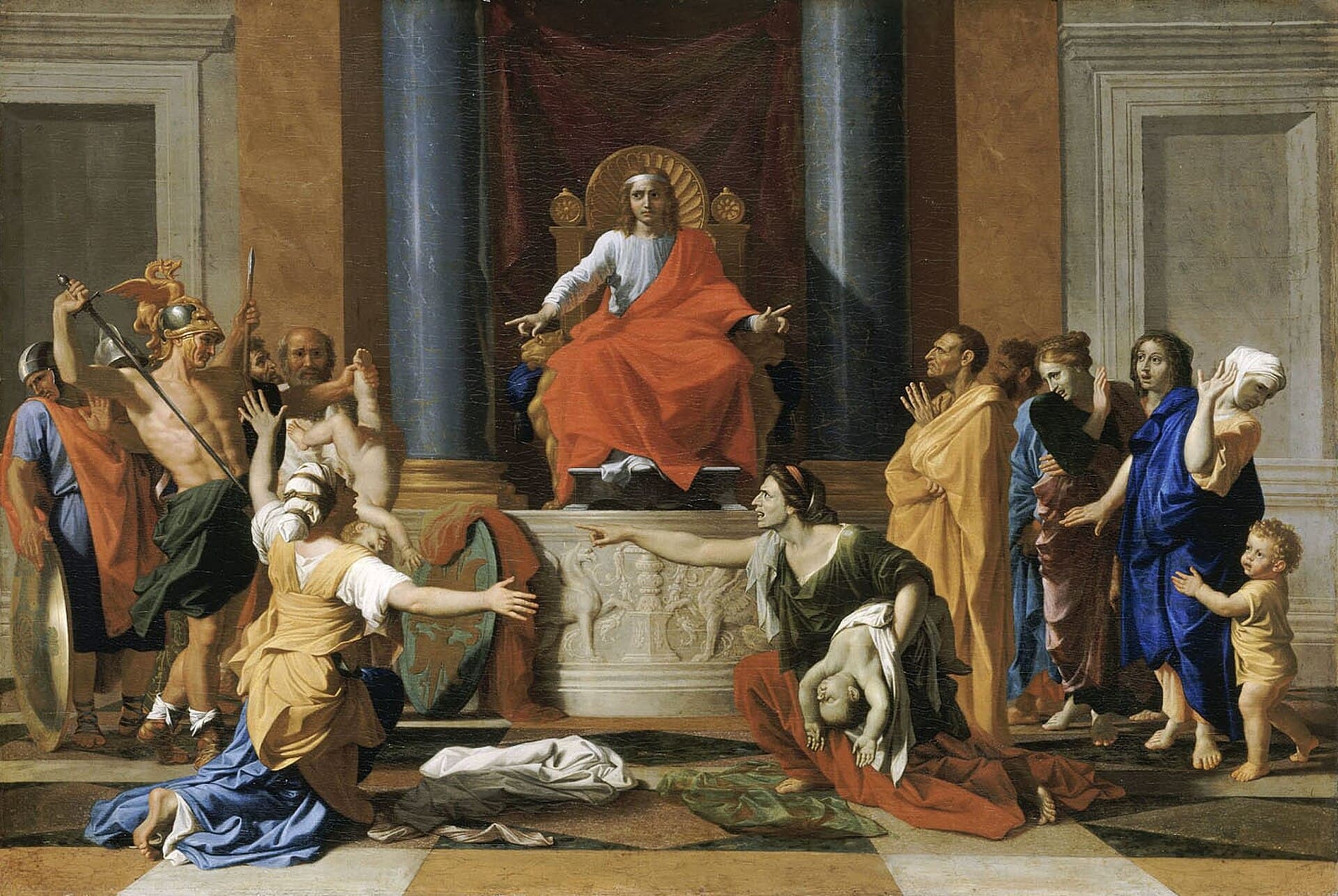 Nicolas Poussin, Sąd Salomona 1649, Luwr - Salomon na tronie pośrodku, z rozłożonymi rękami wskazuje w obie strony; po lewej żołnierz z uniesionym mieczem trzyma za nogę żywe niemowlę, a klęcząca kobieta wyciąga po nie ręce, po prawej druga kobieta niesie na ręku martwe dziecko i wskazuje palcem rywalkę, w tle tłum świadków