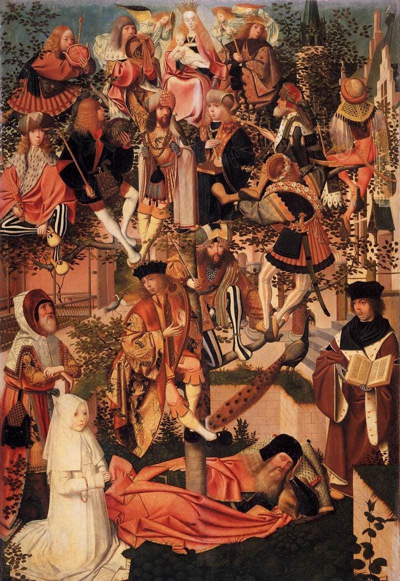 Z kręgu Geertgena tot Sint Jans, Drzewo Jessego, około 1500, olej na desce - w przyklasztornym ogrodzie u dołu spoczywa śpiący Jesse, a z jego ciała wyrasta prawdziwe drzewo; na rozłożystych gałęziach zasiadają kolejni królowie Judy, z królem Dawidem grającym na harfie najniżej, a na samym szczycie tronuje Maria z Dzieciątkiem - cała genealogia wyrasta z jednego korzenia