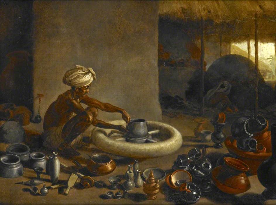 Arthur William Devis, „Garncarz przy kole” — rzemieślnik pochylony nad obracającym się kołem garncarskim, dłonie obejmują wznoszącą się z gliny formę; narzędzia pod ręką, cała uwaga na naczyniu, nie na kole.