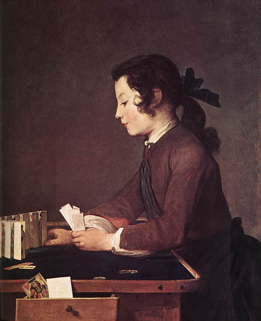 William Hogarth, Satyra na fałszywą perspektywę, 1754, rycina otwierająca podręcznik perspektywy Joshuy Kirby'ego — wiejski widok celowo zbudowany z niemożliwych zestawień: wędka rybaka stojącego tuż przy dolnej krawędzi sięga rzeki daleko w tle i krzyżuje się z żyłką drugiego wędkarza, kobieta wychylona z okna podaje ogień mężczyźnie stojącemu na odległym wzgórzu, a owce na lewym zboczu rosną tym bardziej, im dalej się pasą, przy czym najmniejsza z całego stada stoi na samym pierwszym planie