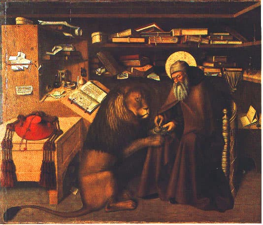 Colantonio, Święty Hieronim w pracowni, ok. 1445, Museo di Capodimonte w Neapolu — ciasna drewniana nisza wypełniona po sam sufit książkami leżącymi płasko jedna na drugiej, zwojami i drobnymi karteczkami przypiętymi do ścianki szafki; siwobrody święty w brązowym habicie i z aureolą siedzi odwrócony od otwartej iluminowanej księgi na pulpicie i trzyma w dłoniach łapę wielkiego lwa, który przyklęknął przed nim; z lewej na skrzyni leży czerwony kardynalski kapelusz z chwostami