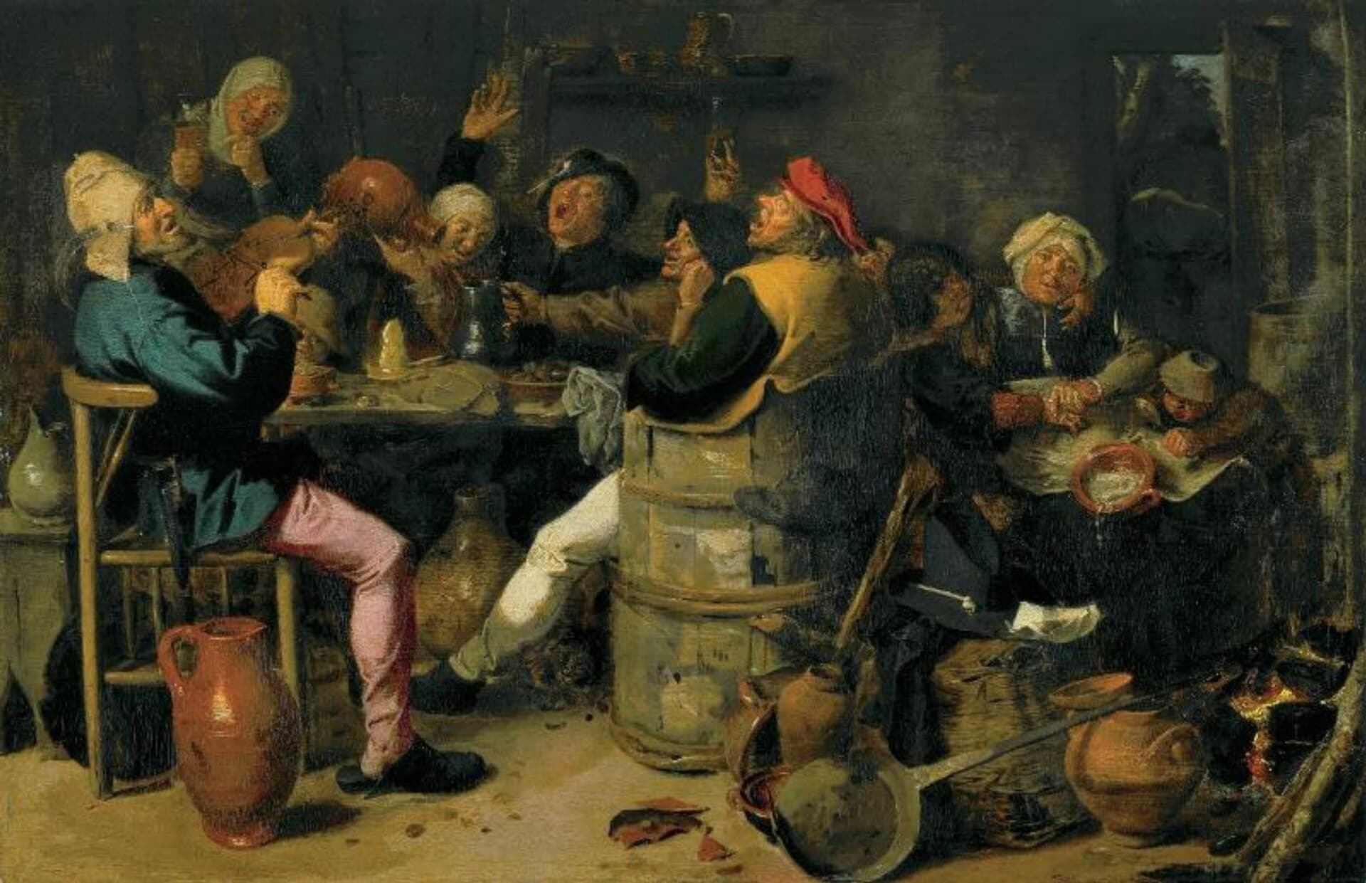 Adriaen Brouwer, Wiejska biesiada, ok. 1625 — ciemna izba karczmy pełna ludzi stłoczonych wokół stołu; z lewej mężczyzna w zielonkawym kaftanie i różowych spodniach siedzi na krześle, odchylił głowę do tyłu i gra na skrzypcach, obok inni śpiewają z szeroko otwartymi ustami i wznoszą dzbany, jeden w czerwonej czapce, drugi w czarnym kapeluszu; na klepisku leżą przewrócona miedziana patelnia, gliniane dzbany i kosze, a po prawej stronie pali się ogień