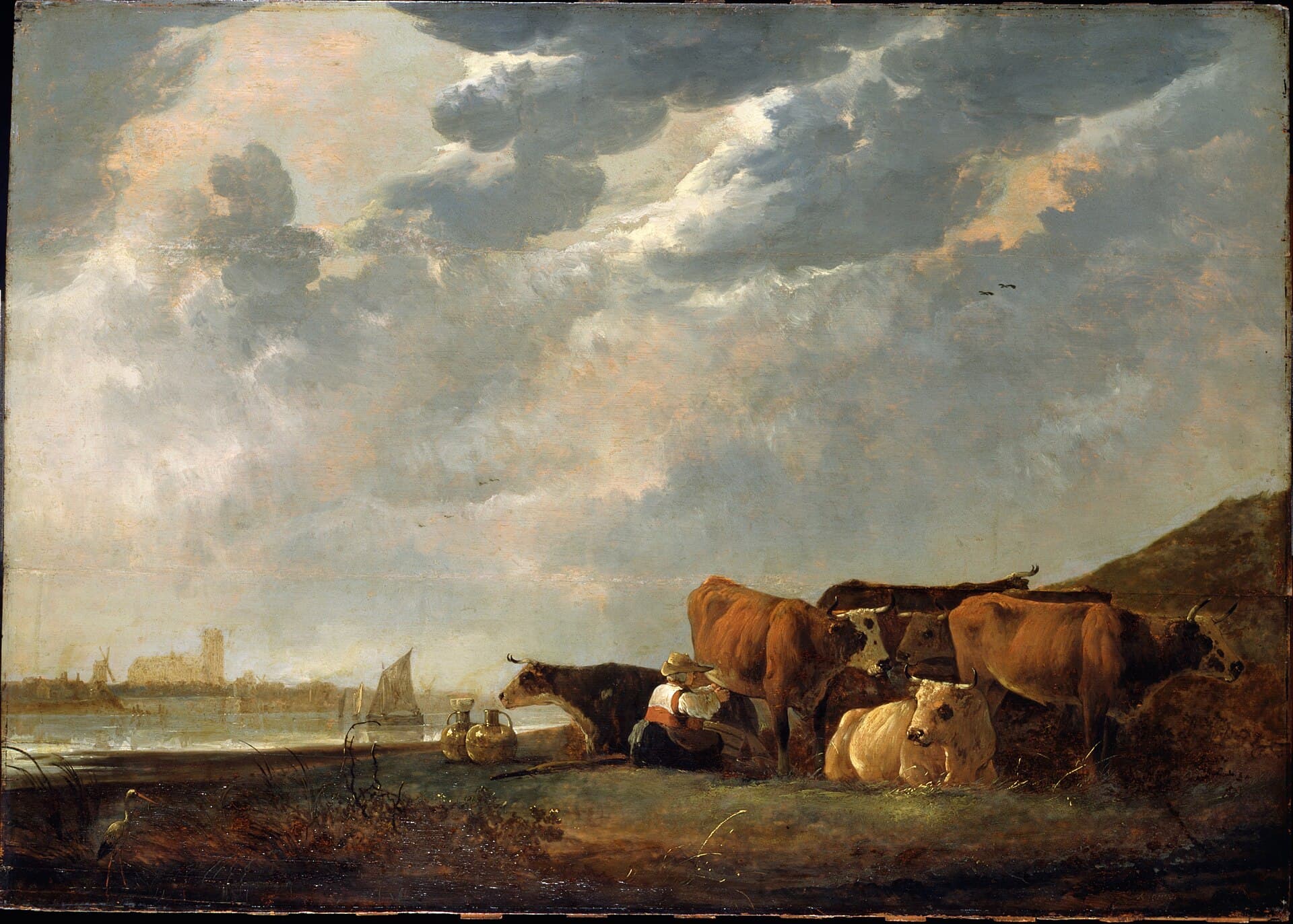 Aelbert Cuyp, Bydło nad Mozą z Dordrechtem w oddali, XVII w. - przejrzysty, świetlisty pejzaż, w którym widać wyraźnie aż po horyzont