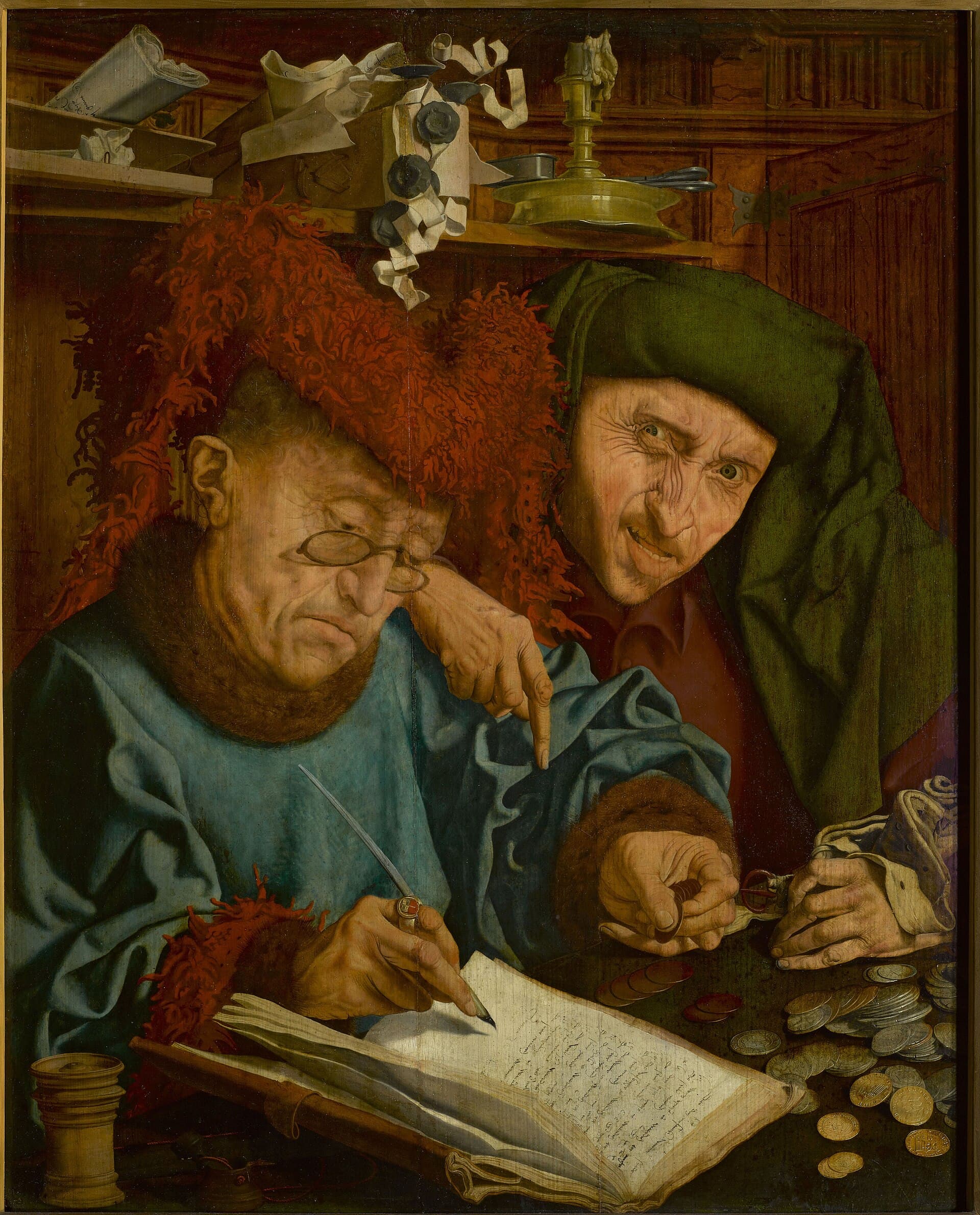 Jan Gossaert, Portret kupca, około 1530, National Gallery of Art w Waszyngtonie - mężczyzna w czarnym birecie i czerwonym płaszczu przy zielonym stole wpisuje gęsim piórem pozycję do otwartej księgi rachunkowej; obok kałamarz, nożyce, pieczęć, stosik monet i przybory do pisania, a nad jego głową wiszą na drutach dwa pliki papierów, każdy z osobnym niderlandzkim opisem