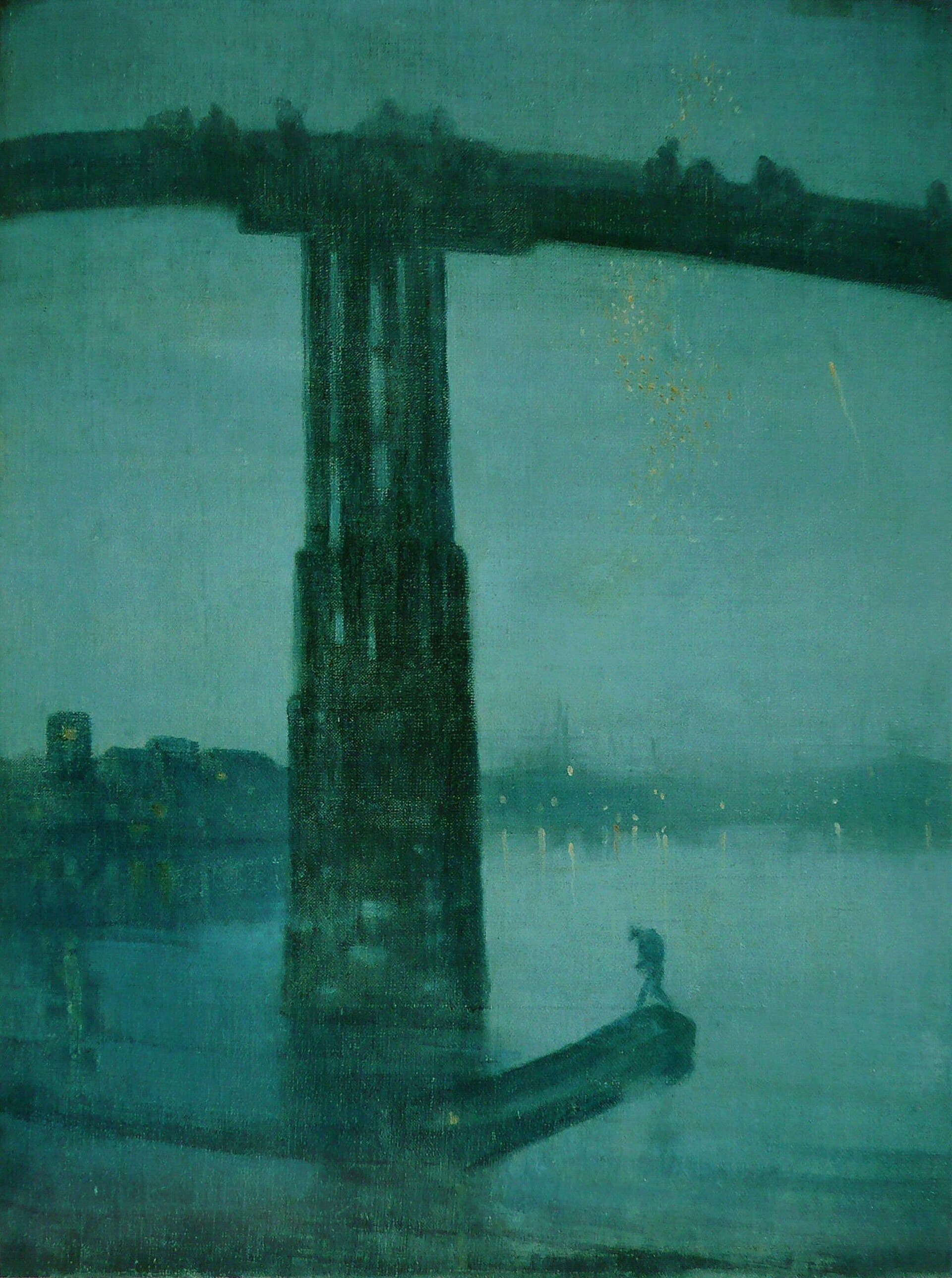 James McNeill Whistler, Nokturn: błękit i złoto, ok. 1872 — pionowe płótno utrzymane w jednej zielonkawo-błękitnej gamie; przez środek biegnie w górę ciemny, masywny filar drewnianego mostu, którego przęsło przecina obraz tuż pod górną krawędzią, a po nim majaczą drobne sylwetki przechodniów; na dole przez wodę sunie płaska barka z jedną stojącą postacią, w głębi tlą się nikłe światła przeciwległego brzegu, a w prawym górnym rogu rozsypują się złote iskry sztucznych ogni