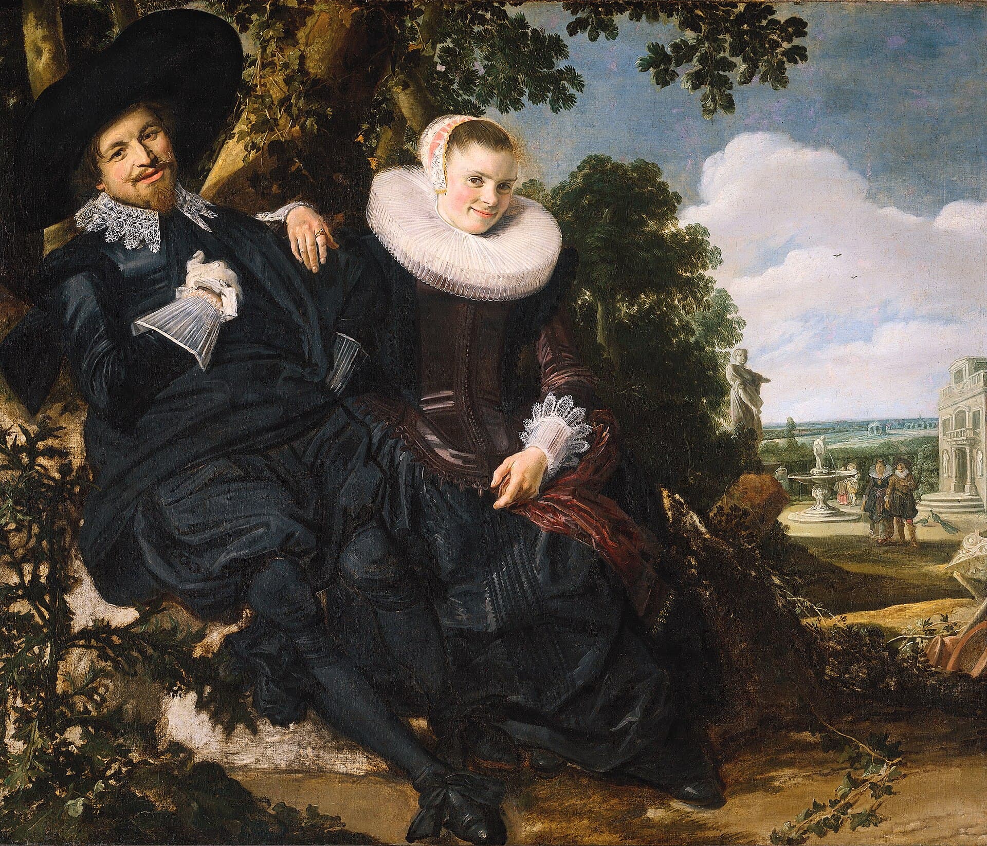 Frans Hals, Ślubny portret Isaaca Massy i Beatrix van der Laen (ok. 1622, Rijksmuseum) — dwie ubrane na czarno postacie wypełniają lewą połowę płótna i oboje patrzą wprost na widza z lekkim uśmiechem. On, w szerokim czarnym kapeluszu i koronkowym kołnierzu, odchyla się do tyłu z dłonią położoną na piersi; ona, w koronkowym czepku i sztywnej, talerzowatej krezie, siedzi tuż obok i przytrzymuje fałdę sukni z bordową podszewką, a nad nimi zwieszają się gałęzie dębu.