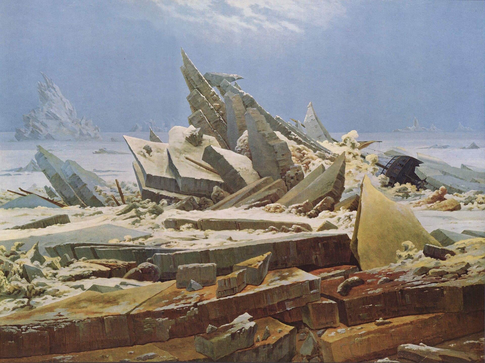 Caspar David Friedrich, Morze lodu 1823-24, Kunsthalle w Hamburgu - spiętrzone, ostre tafle lodu układają się na pierwszym planie w ukośną piramidę, przy prawej krawędzi spod nich wystaje rozbita rufa żaglowca, dalej płaska arktyczna równina i blade niebo
