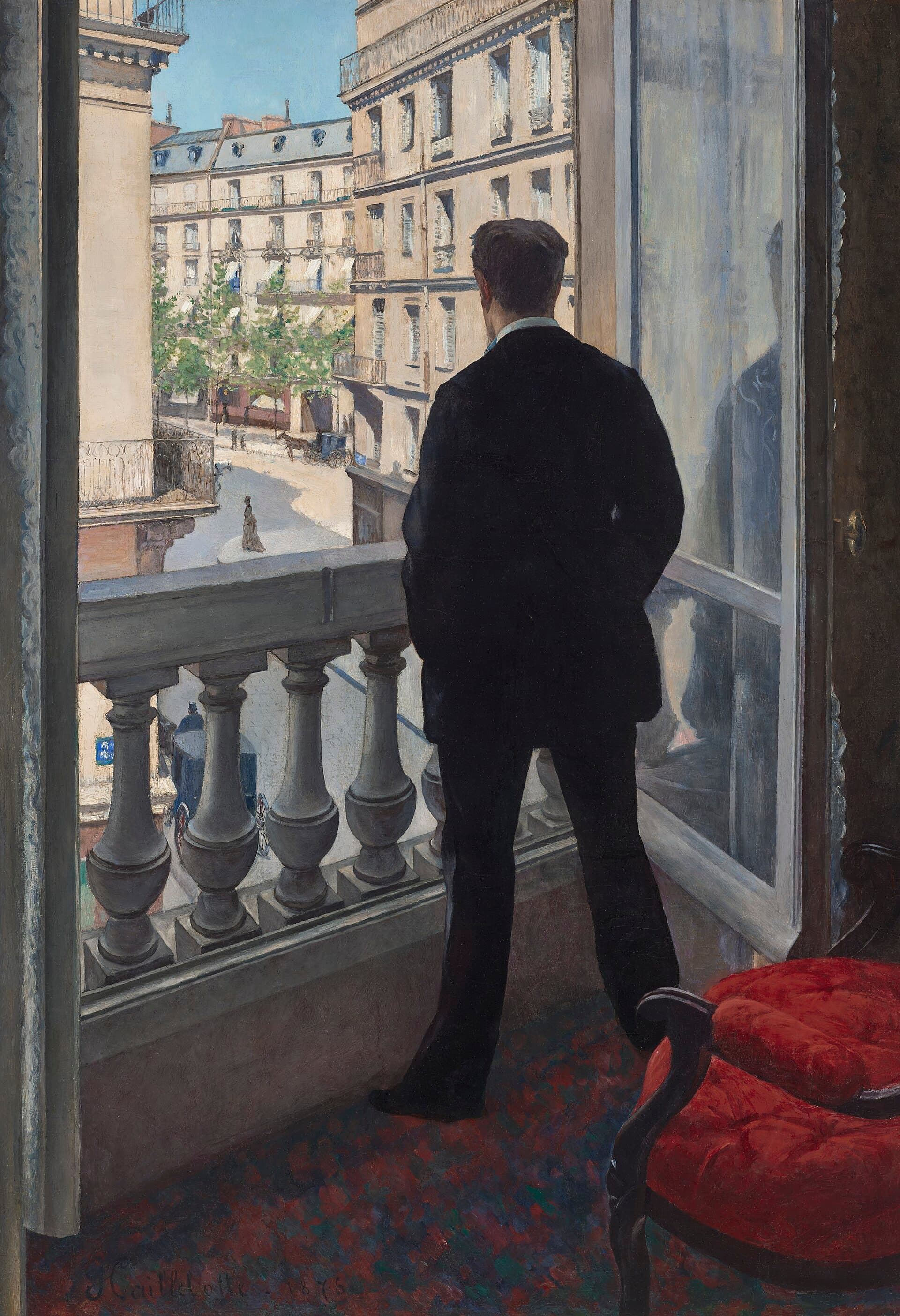 Gustave Caillebotte, Młody mężczyzna przy oknie 1875 — elegancko ubrany mężczyzna stoi do nas plecami w otwartym oknie i patrzy w dół na paryską ulicę, gdzie widać samotną postać kobiety; widz znajduje się za nim i dzieli jego ograniczone pole widzenia
