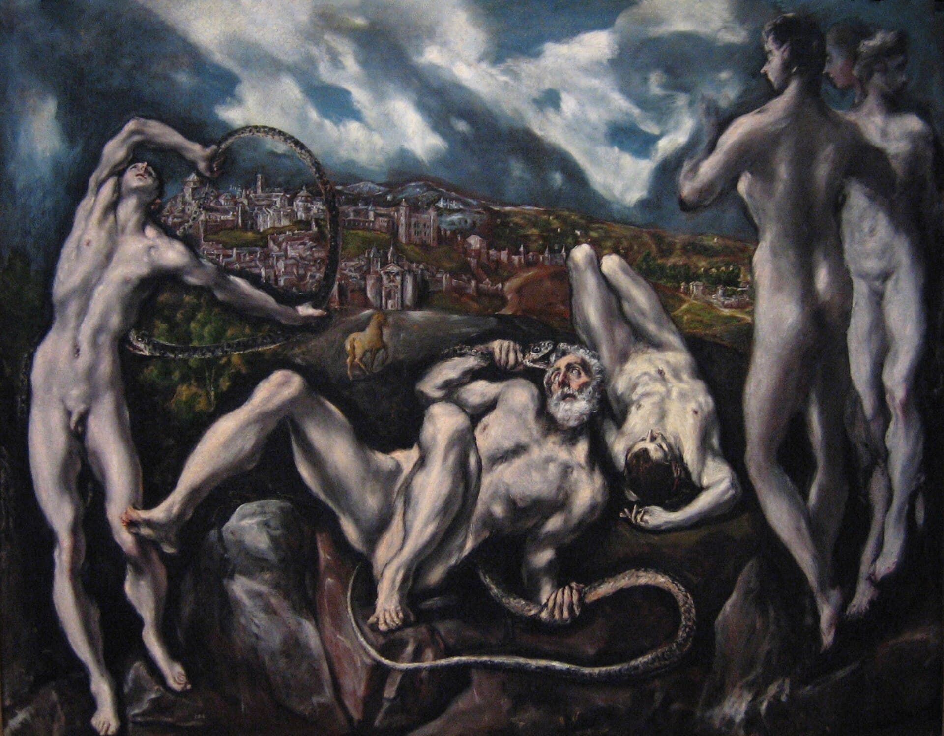 El Greco, Laokoon (ok. 1610) — węże zesłane przez bogów oplatają i duszą trojańskiego kapłana oraz jego synów, w tle widać Troję