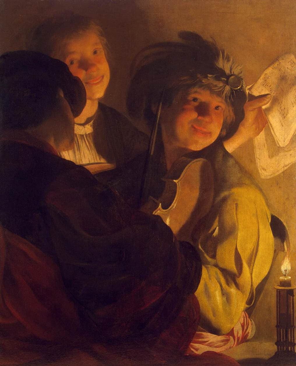 Hendrick ter Brugghen, Koncert, około 1626, olej - trzy postacie przy świecy stojącej w latarence na krawędzi stołu: młodzieniec w kapeluszu z piórem unosi kartę nut i trzyma smyczek, za nim uśmiechnięta dziewczyna, na pierwszym planie osoba w ciemnym płaszczu i czarnym birecie odwrócona tyłem do widza