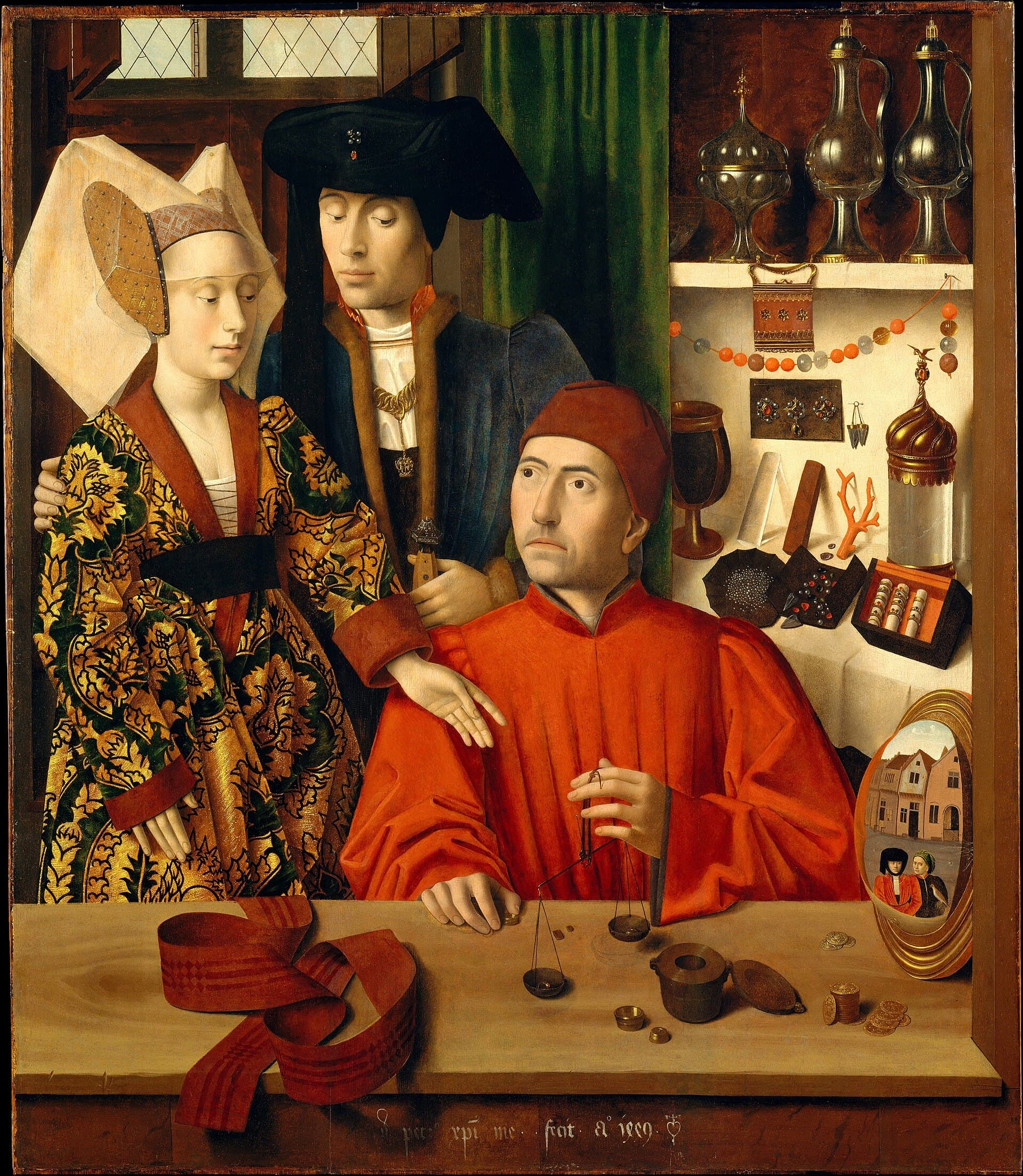Petrus Christus, Złotnik w pracowni, 1449, Metropolitan Museum - złotnik w czerwonej szacie siedzi za ladą swojego warsztatu i trzyma w dłoni małą szalkową wagę, ważąc drobny przedmiot; przed nim na stole i półkach lśnią precyzyjnie wykończone pierścienie, sprzączka, naczynia, korale i bryłki kruszcu, a obok stoi elegancko ubrana zaręczona para; wszystko oddane z drobiazgową, niemal jubilerską dokładnością