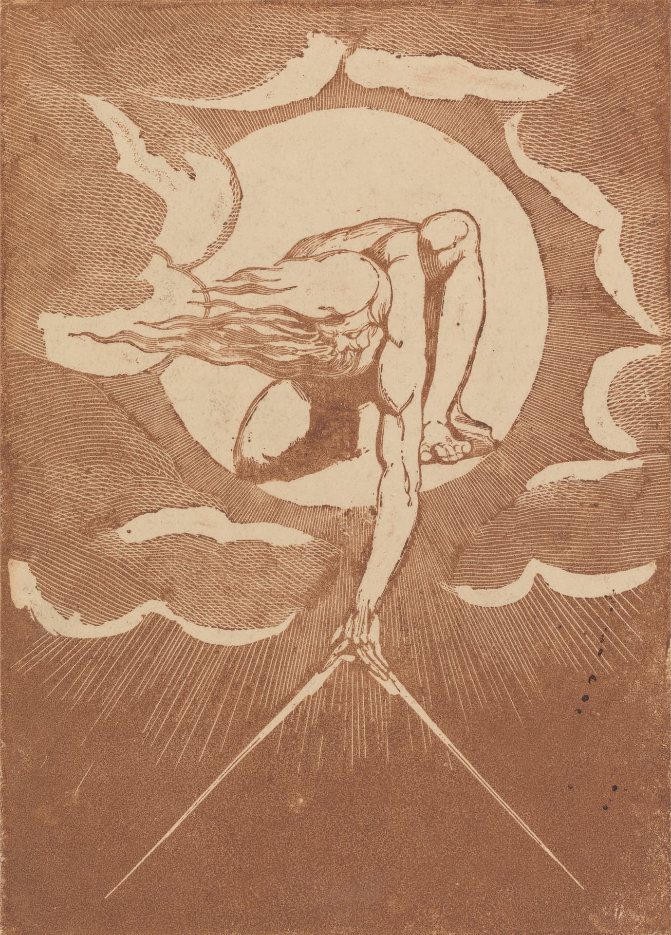 William Blake, The Ancient of Days, 1794 — grafika odbita brązowym tuszem: brodaty starzec kuli się w jasnym kręgu wśród chmur i wychyla w dół z wyciągniętą ręką, z której schodzą w ciemność dwa ramiona cyrkla