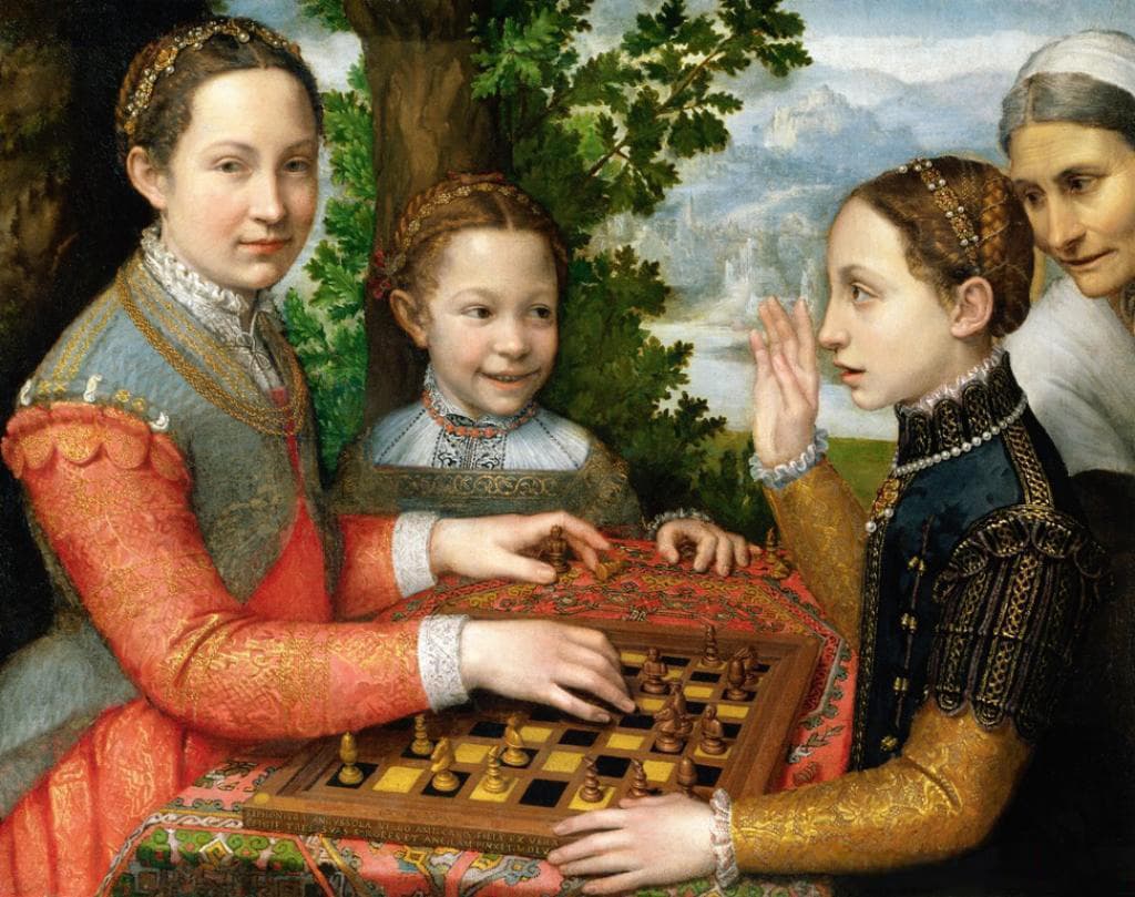 Sofonisba Anguissola, Partia szachów 1555, Muzeum Narodowe w Poznaniu — trzy młode kobiety w bogato haftowanych sukniach siedzą wokół szachownicy postawionej na wzorzystym kobiercu w plenerze; z lewej najstarsza z figurą w palcach patrzy wprost przed siebie, środkowa szeroko się uśmiecha, z prawej trzecia ma podniesioną otwartą dłoń przy twarzy, zza jej ramienia wychyla się starsza kobieta w białej chuście, w tle drzewo i górzysty pejzaż z rzeką