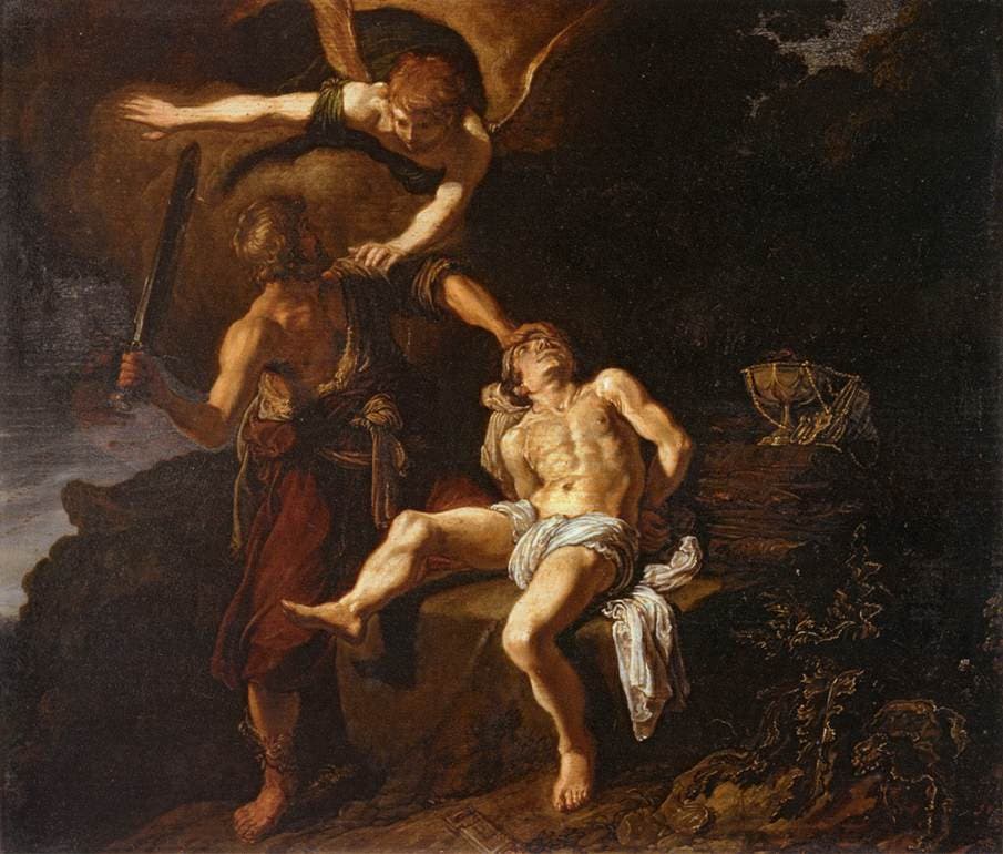 Pieter Lastman, Anioł powstrzymujący ofiarowanie Izaaka, 1616 - uniesiony nóż zatrzymany przez anioła w ostatniej chwili