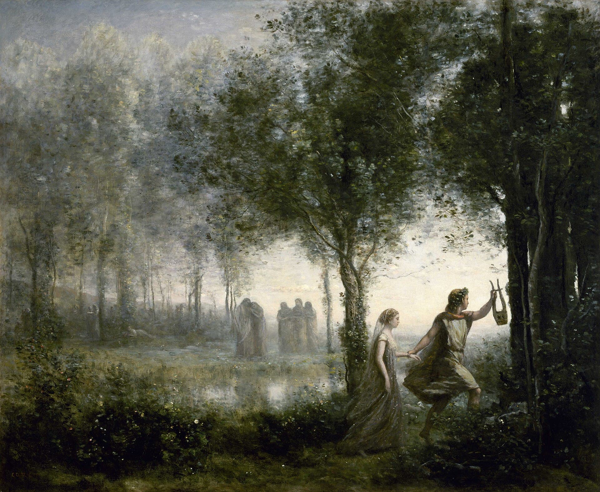 Jean-Baptiste-Camille Corot, Orfeusz wyprowadzający Eurydykę z podziemi 1861, Museum of Fine Arts w Houston — Orfeusz z uniesioną lirą prowadzi Eurydykę za rękę ku światłu przez mglisty, senny las podziemi, w którym majaczą sylwetki zmarłych; wzrok wbity przed siebie, bo nie wolno mu obejrzeć się za siebie