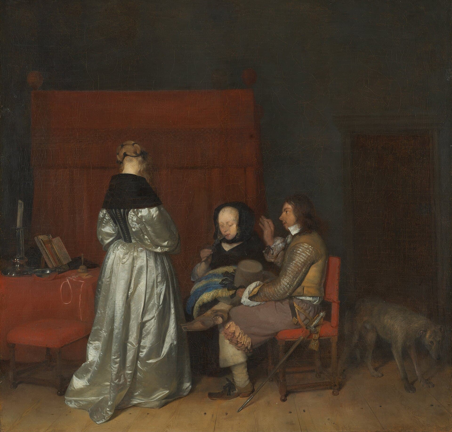 Gerard ter Borch, Galantna rozmowa (znana jako Ojcowskie napomnienie), około 1654, olej na płótnie - wnętrze z trzema postaciami: stojąca kobieta w lśniącej atłasowej sukni widziana od tyłu, siedzący oficer zwracający się do niej z uniesioną dłonią, obok druga kobieta pijąca z kieliszka; scena uprzejmej rozmowy, której prawdziwy sens pozostaje wieloznaczny i niewypowiedziany