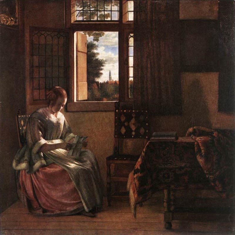 Pieter de Hooch, Czytająca list, XVII w. - kobieta sama w pokoju, pochłonięta czytaniem listu od nieobecnego nadawcy