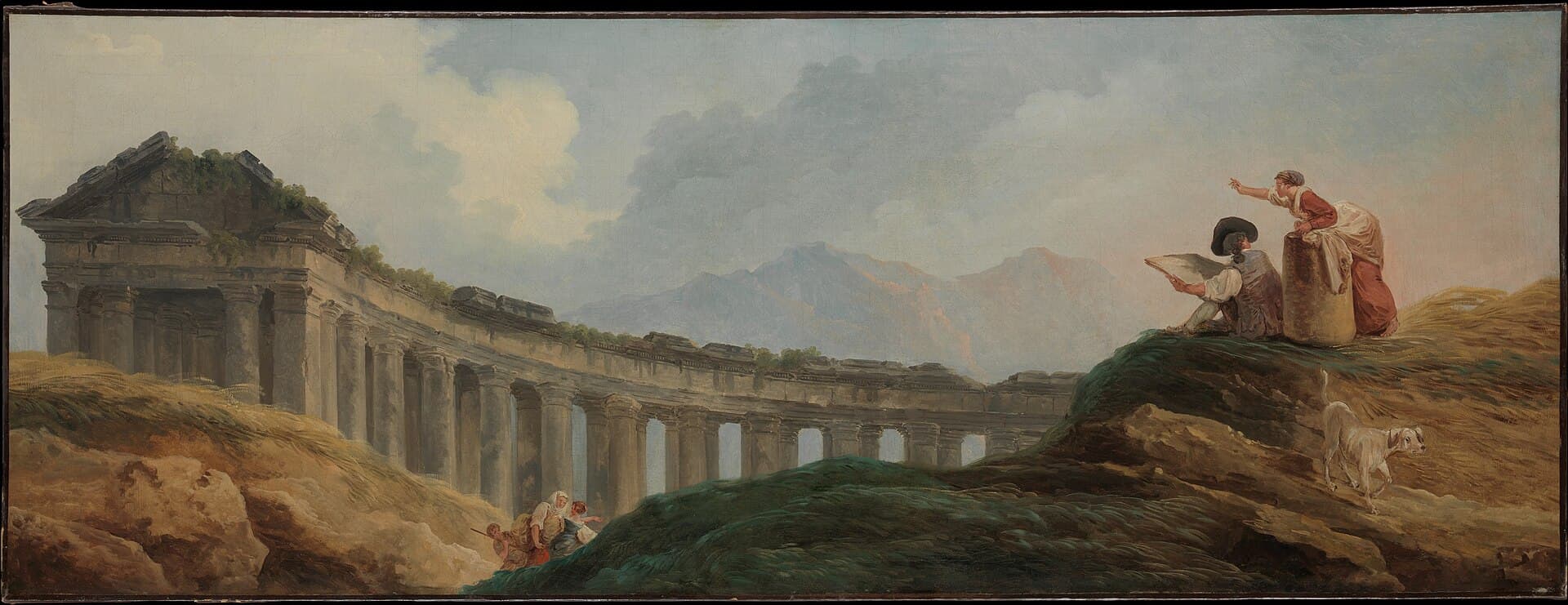 Hubert Robert, Kolumnada w ruinie, XVIII w. - długi szpaler kolumn i prześwitów tworzący rytmiczny ciąg interwałów